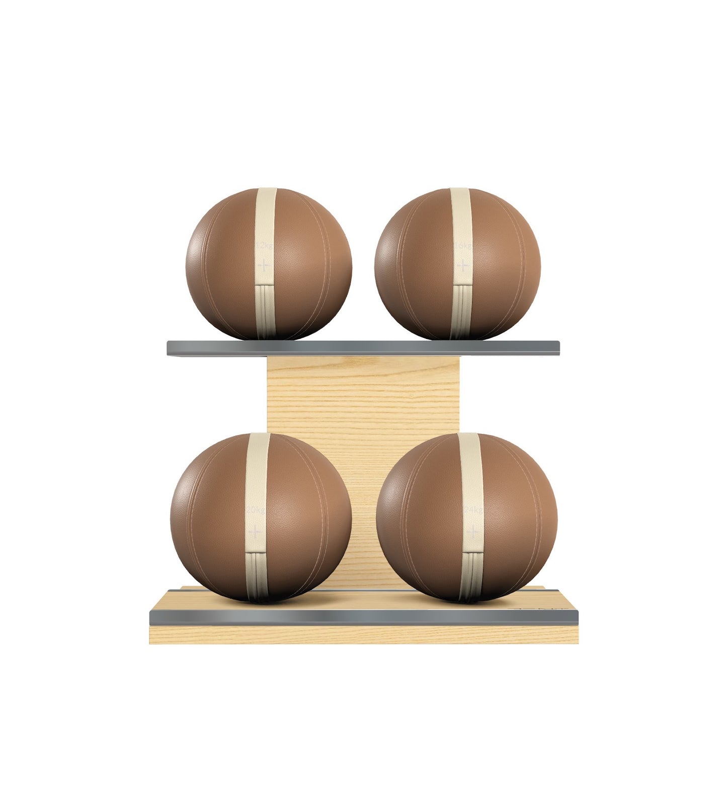 Luxury fitness equipment, 4 leather medicine ball on horizontal wooden stand, handcrafted with premium Italian brown base leather, beige accent leather and natural ash wood. PENT. MOXA Set