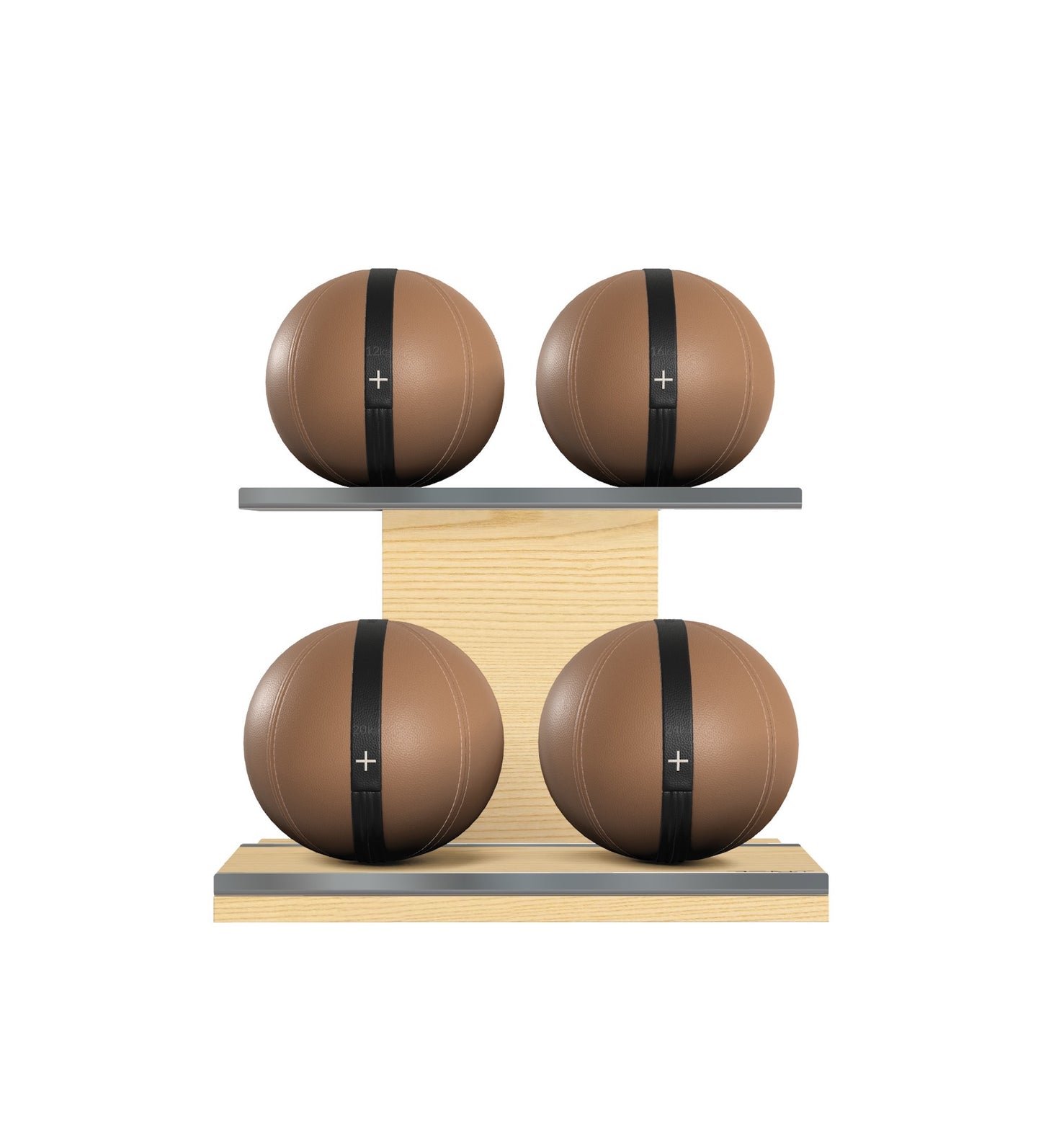 Luxury fitness equipment, 4 leather medicine ball on horizontal wooden stand, handcrafted with premium Italian brown base leather, black accent leather and natural ash wood. PENT. MOXA Set