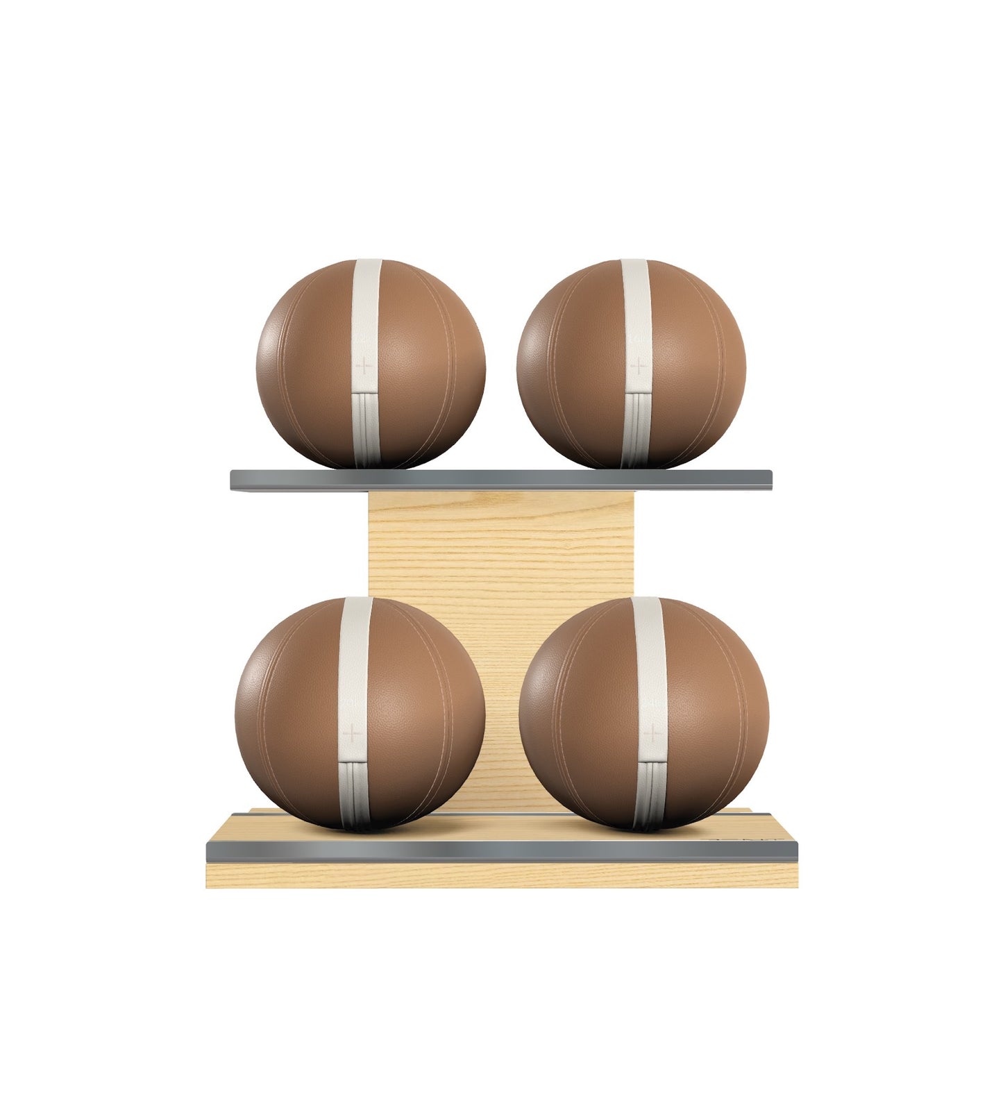 Luxury fitness equipment, 4 leather medicine ball on horizontal wooden stand, handcrafted with premium Italian brown base leather, white accent leather and natural ash wood. PENT. MOXA Set