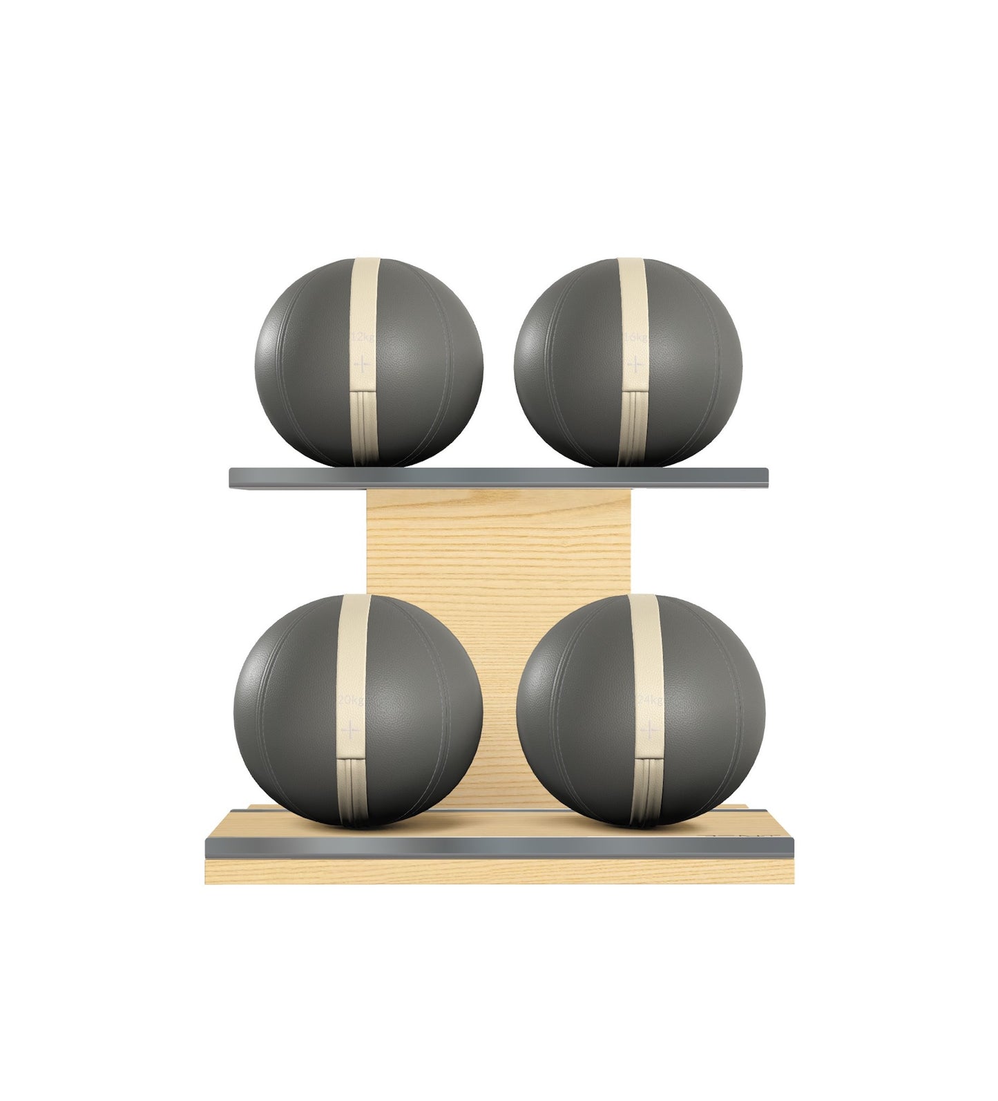 Luxury fitness equipment, 4 leather medicine ball on horizontal wooden stand, handcrafted with premium Italian grey base leather, beige accent leather and natural ash wood. PENT. MOXA Set