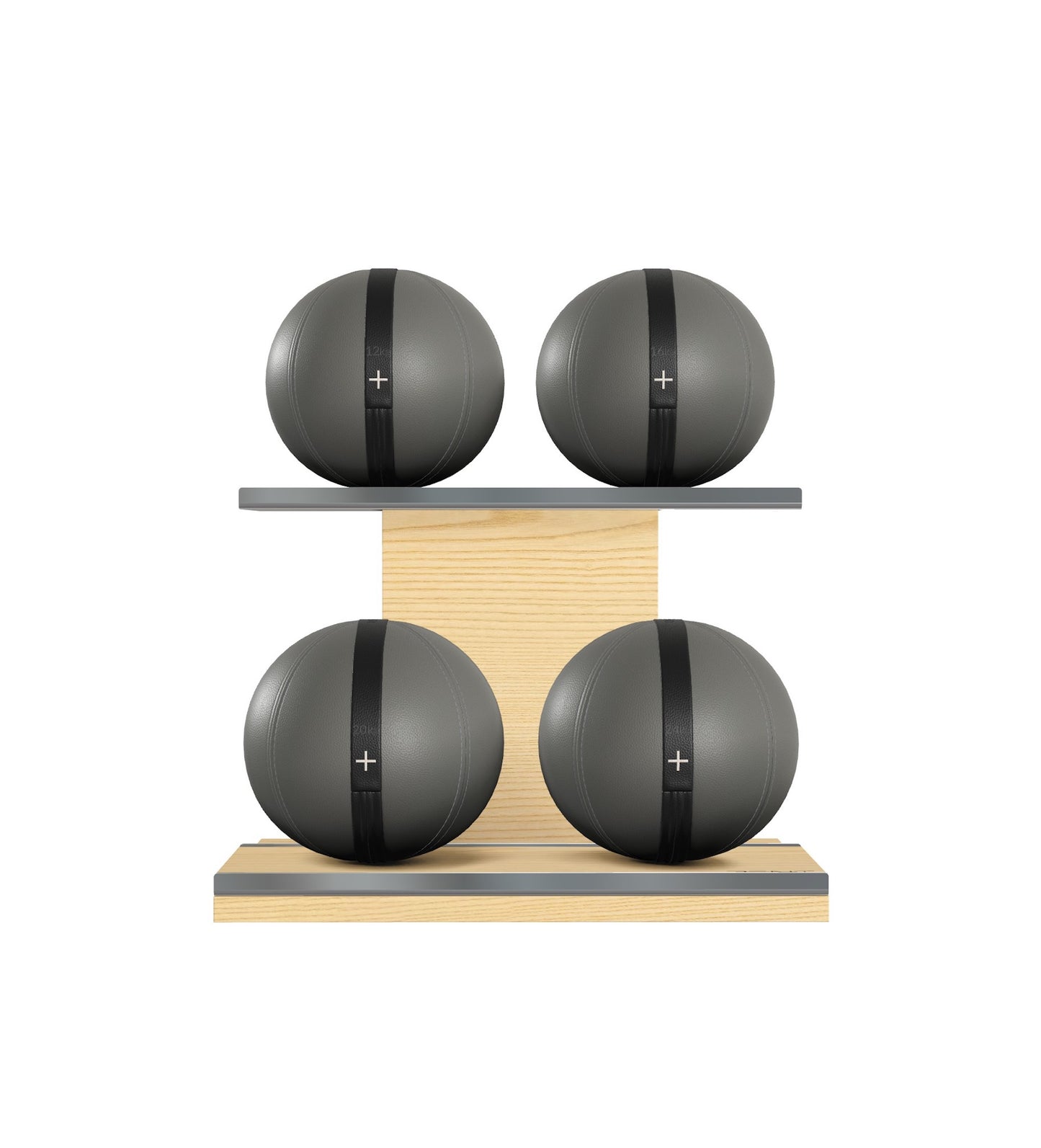 Luxury fitness equipment, 4 leather medicine ball on horizontal wooden stand, handcrafted with premium Italian grey base leather, black accent leather and natural ash wood. PENT. MOXA Set
