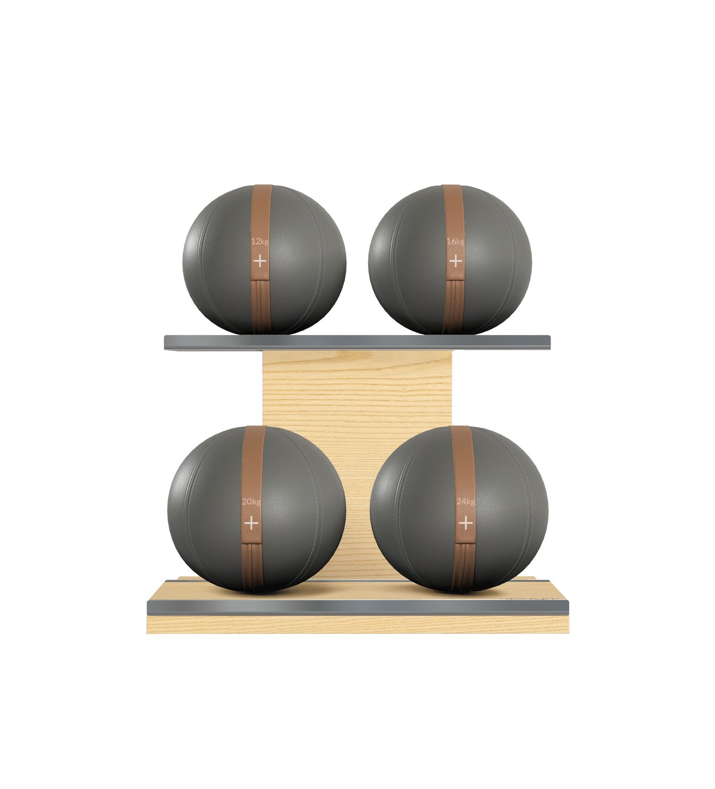 Luxury fitness equipment, 4 leather medicine ball on horizontal wooden stand, handcrafted with premium Italian grey base leather, brown accent leather and natural ash wood. PENT. MOXA Set