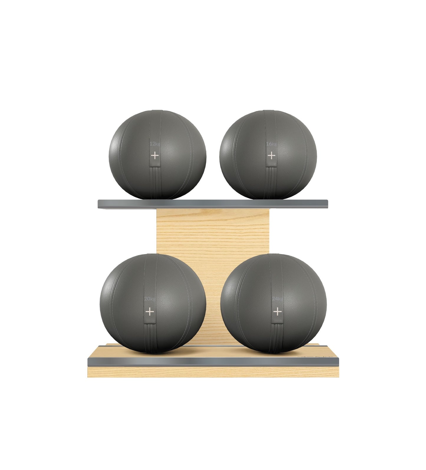 Luxury fitness equipment, 4 leather medicine ball on horizontal wooden stand, handcrafted with premium Italian grey base leather, grey accent leather and natural ash wood. PENT. MOXA Set