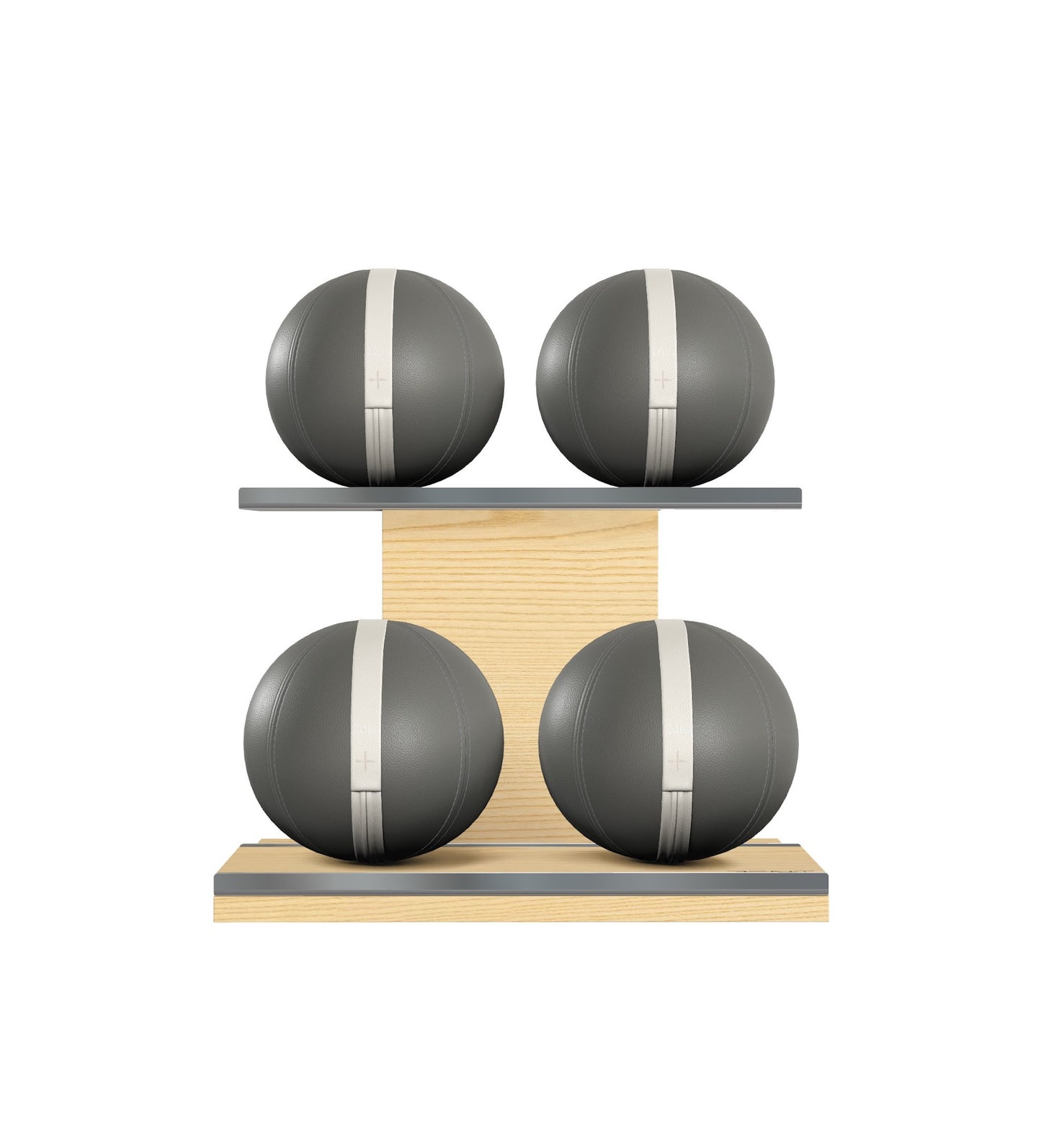 Luxury fitness equipment, 4 leather medicine ball on horizontal wooden stand, handcrafted with premium Italian grey base leather, white accent leather and natural ash wood. PENT. MOXA Set