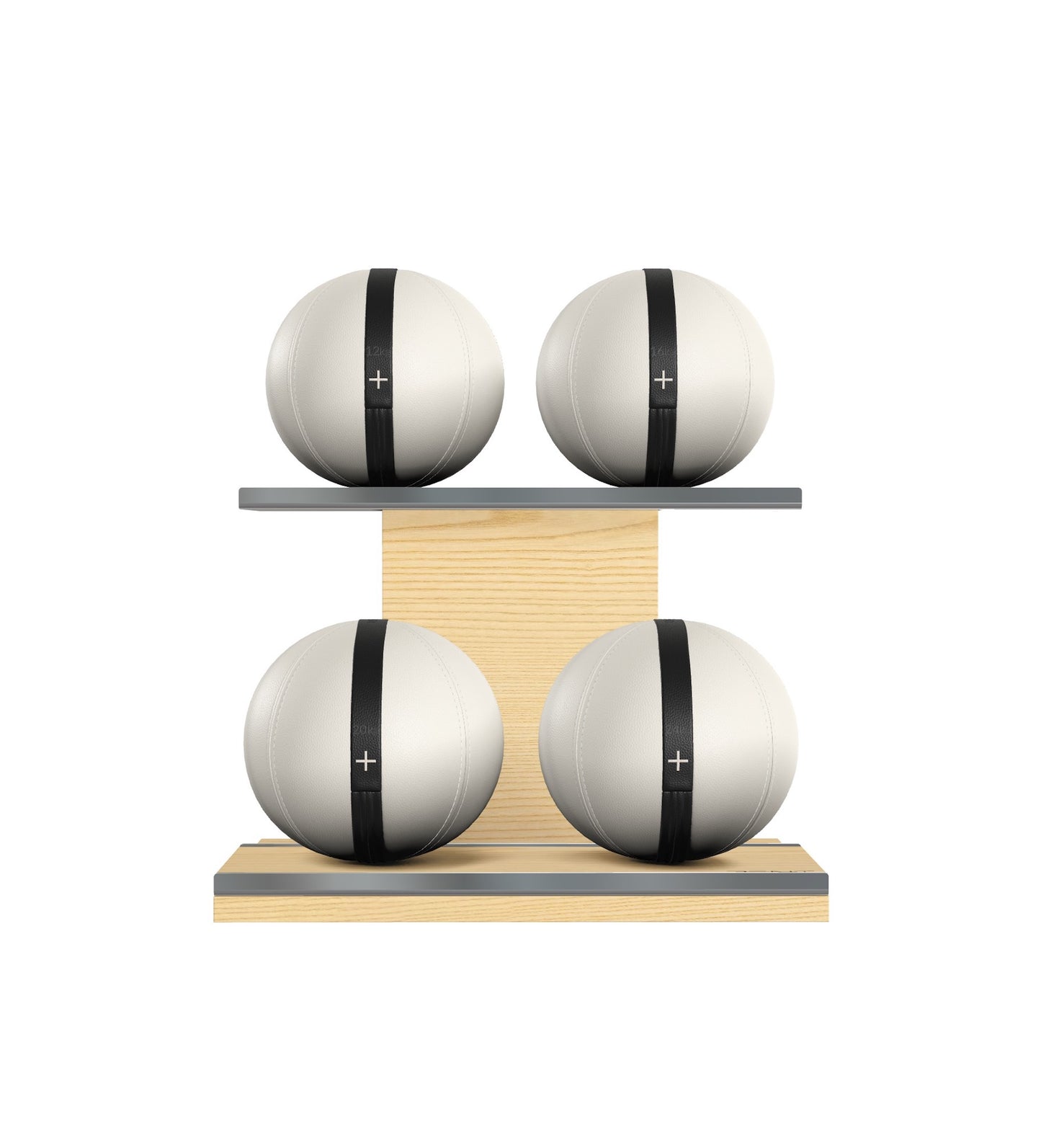 Luxury fitness equipment, 4 leather medicine ball on horizontal wooden stand, handcrafted with premium Italian white base leather, black accent leather and natural ash wood. PENT. MOXA Set
