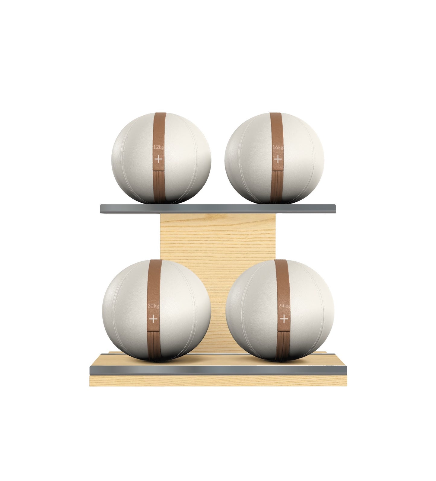 Luxury fitness equipment, 4 leather medicine ball on horizontal wooden stand, handcrafted with premium Italian white base leather, brown accent leather and natural ash wood. PENT. MOXA Set
