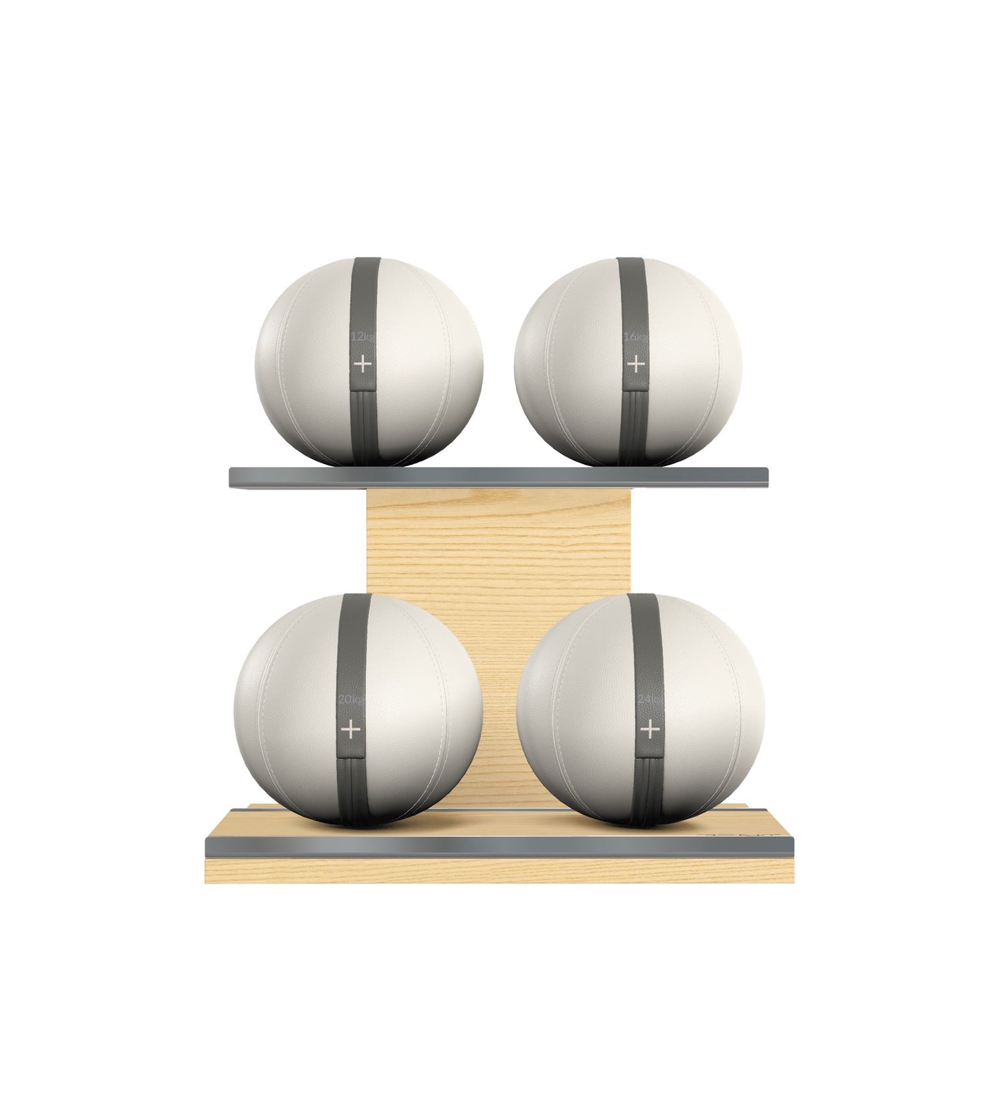 Luxury fitness equipment, 4 leather medicine ball on horizontal wooden stand, handcrafted with premium Italian white base leather, grey accent leather and natural ash wood. PENT. MOXA Set