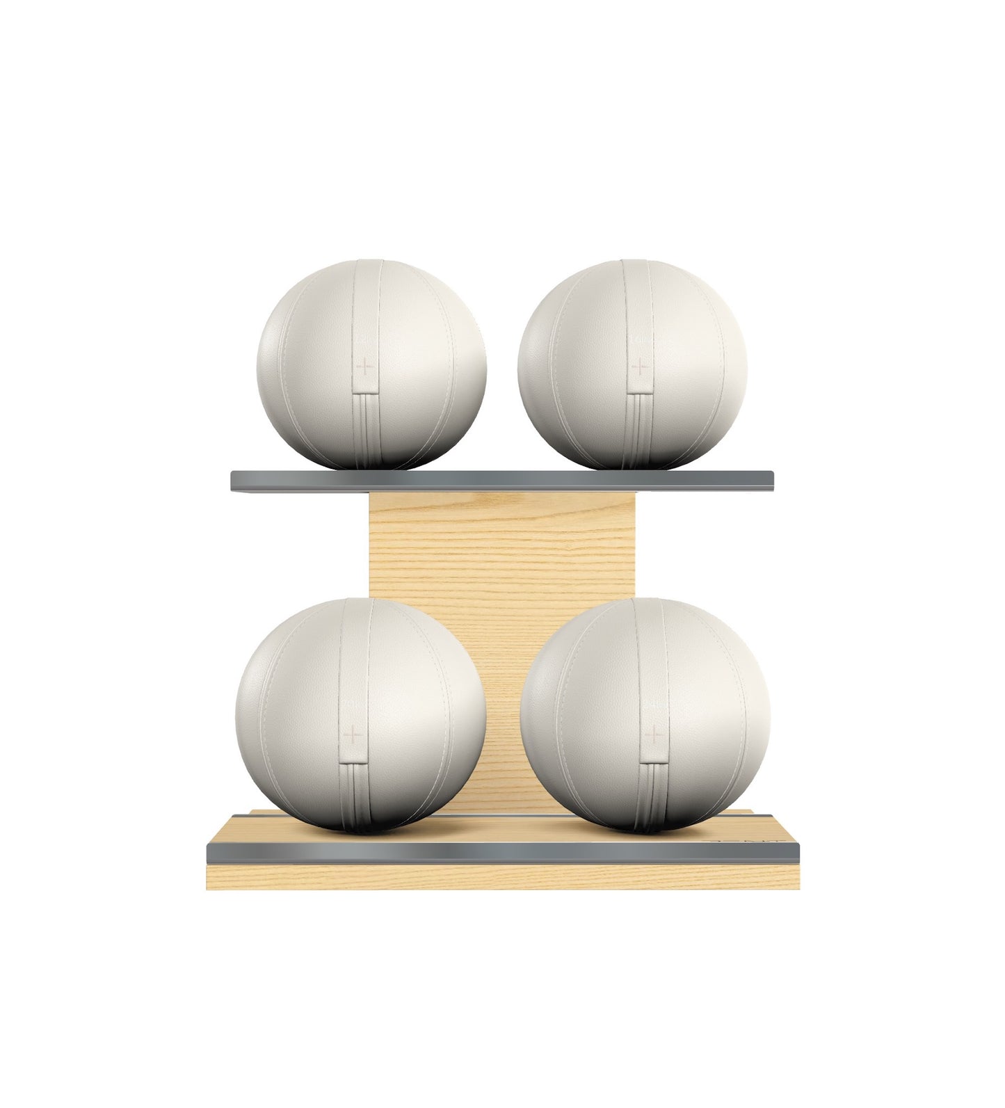 Luxury fitness equipment, 4 leather medicine ball on horizontal wooden stand, handcrafted with premium Italian white base leather, white accent leather and natural ash wood. PENT. MOXA Set