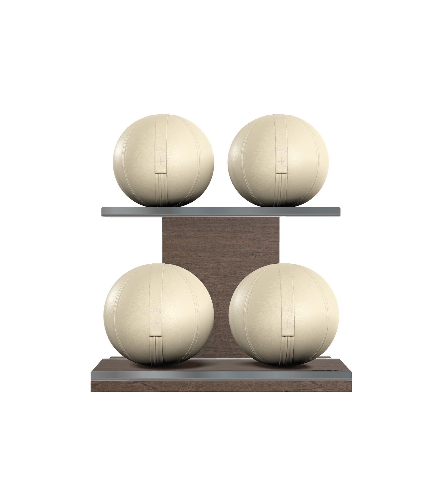 Luxury fitness equipment, 4 leather medicine ball on horizontal wooden stand, handcrafted with premium Italian beige base leather, beige accent leather and dark walnut wood. PENT. MOXA Set
