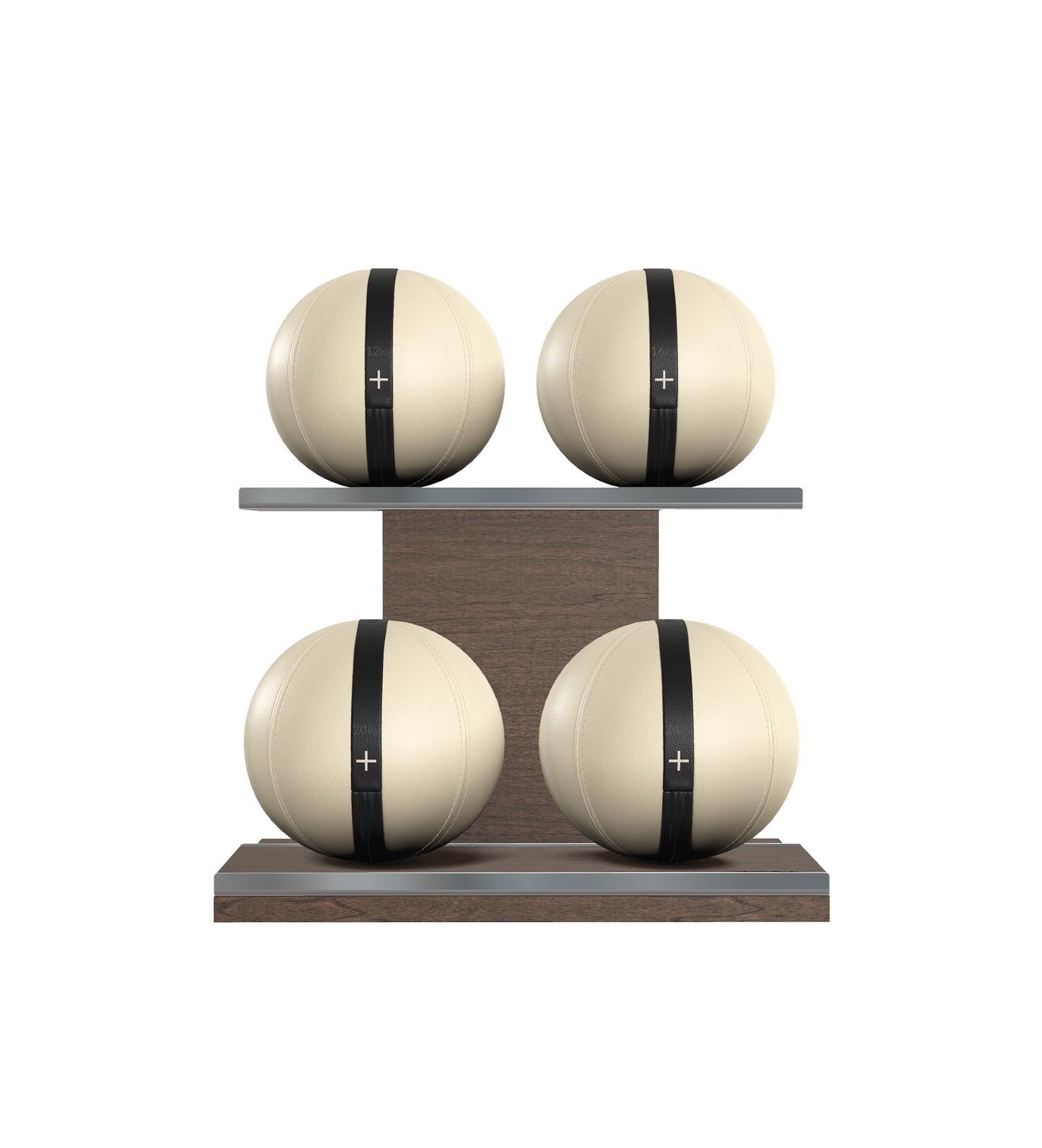 Luxury fitness equipment, 4 leather medicine ball on horizontal wooden stand, handcrafted with premium Italian beige base leather, black accent leather and dark walnut wood. PENT. MOXA Set