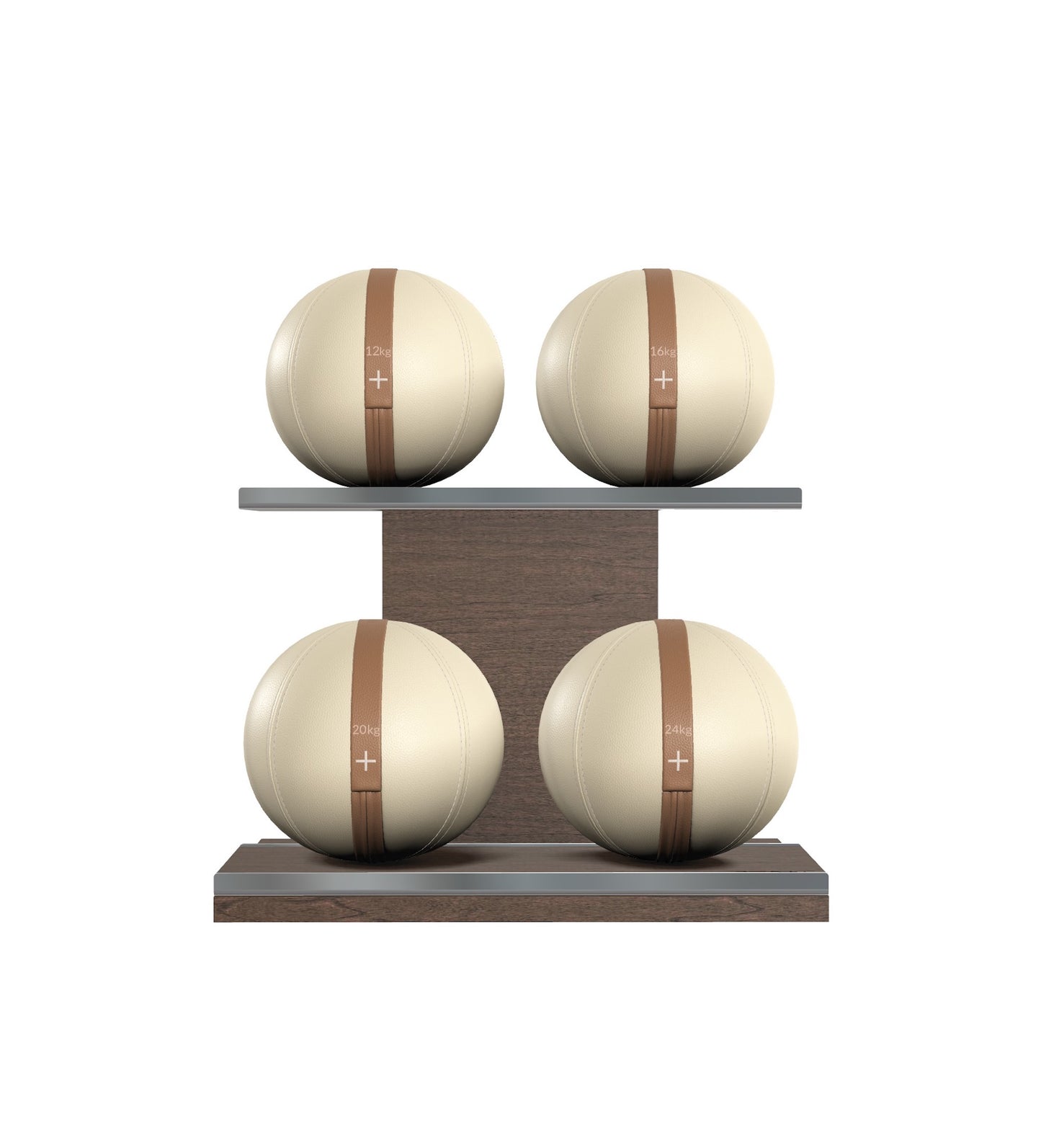 Luxury fitness equipment, 4 leather medicine ball on horizontal wooden stand, handcrafted with premium Italian beige base leather, brown accent leather and dark walnut wood. PENT. MOXA Set