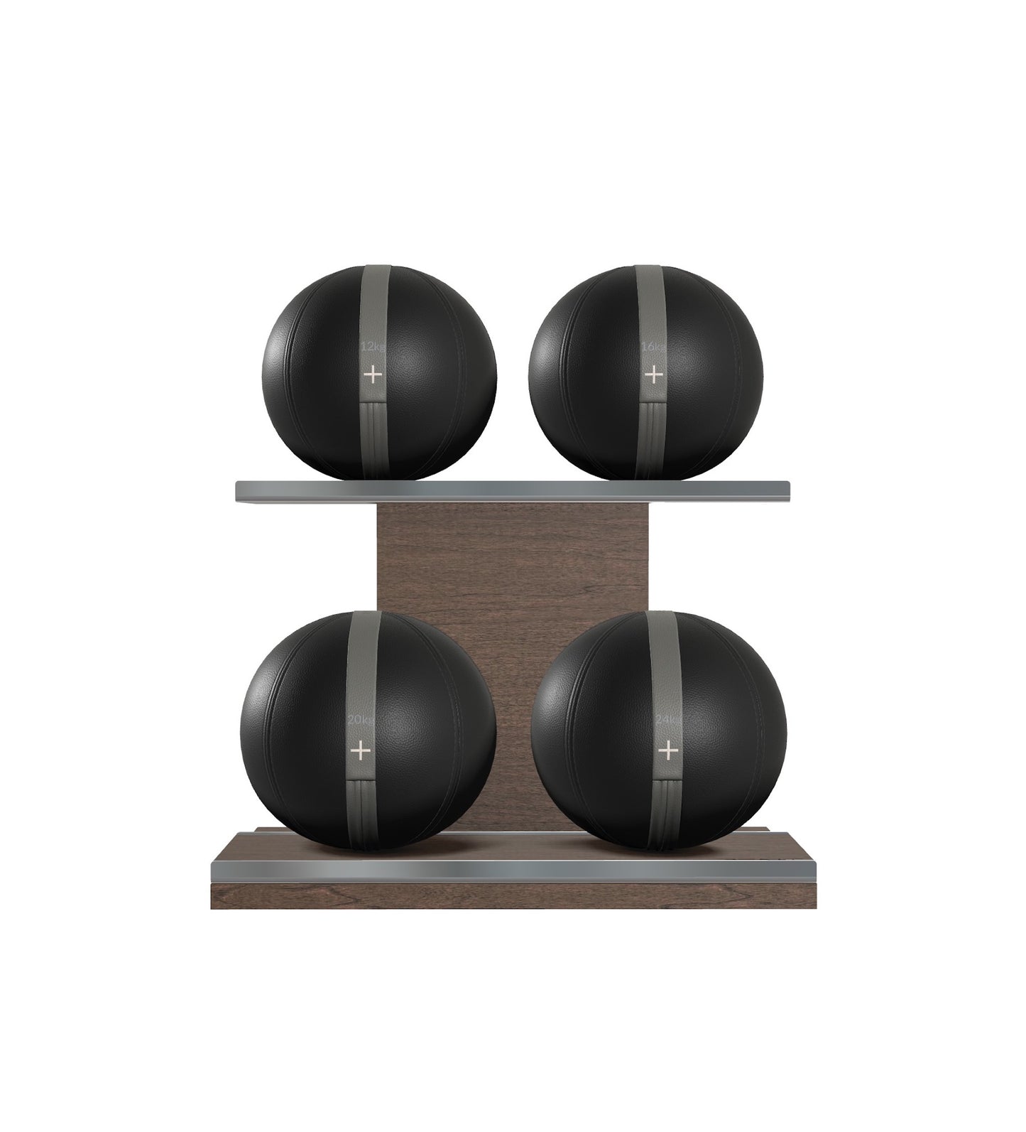 Luxury fitness equipment, 4 leather medicine ball on horizontal wooden stand, handcrafted with premium Italian black base leather, grey accent leather and dark walnut wood. PENT. MOXA Set