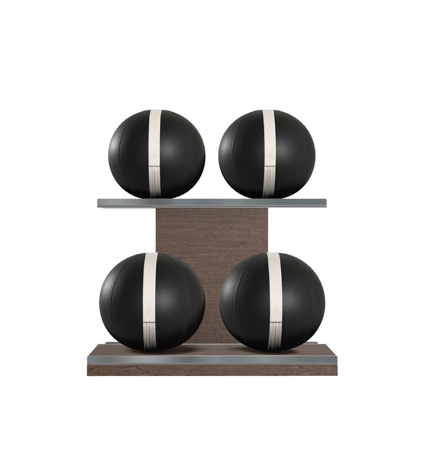 Luxury fitness equipment, 4 leather medicine ball on horizontal wooden stand, handcrafted with premium Italian black base leather, white accent leather and dark walnut wood. PENT. MOXA Set