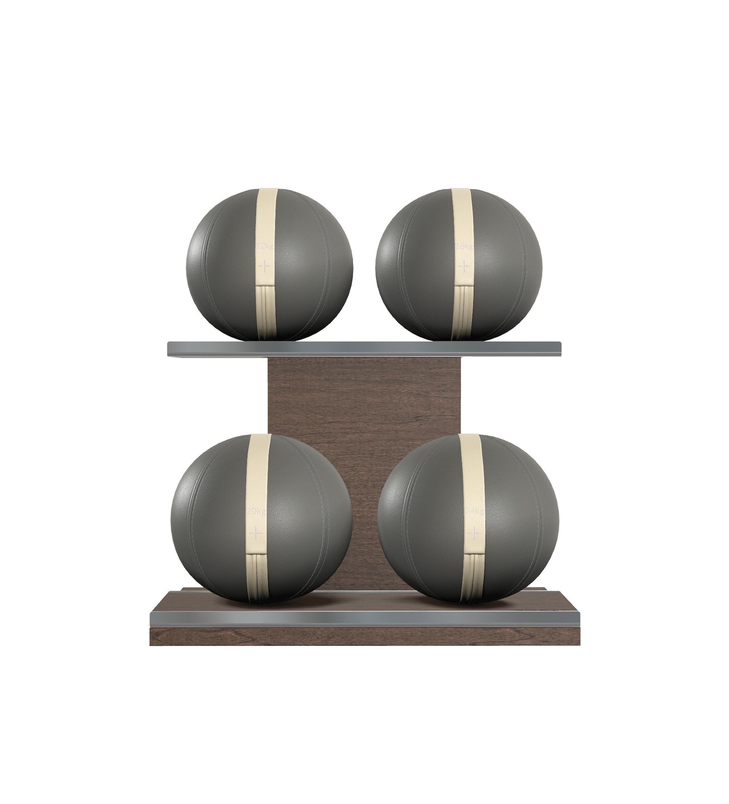 Luxury fitness equipment, 4 leather medicine ball on horizontal wooden stand, handcrafted with premium Italian grey base leather, beige accent leather and dark walnut wood. PENT. MOXA Set