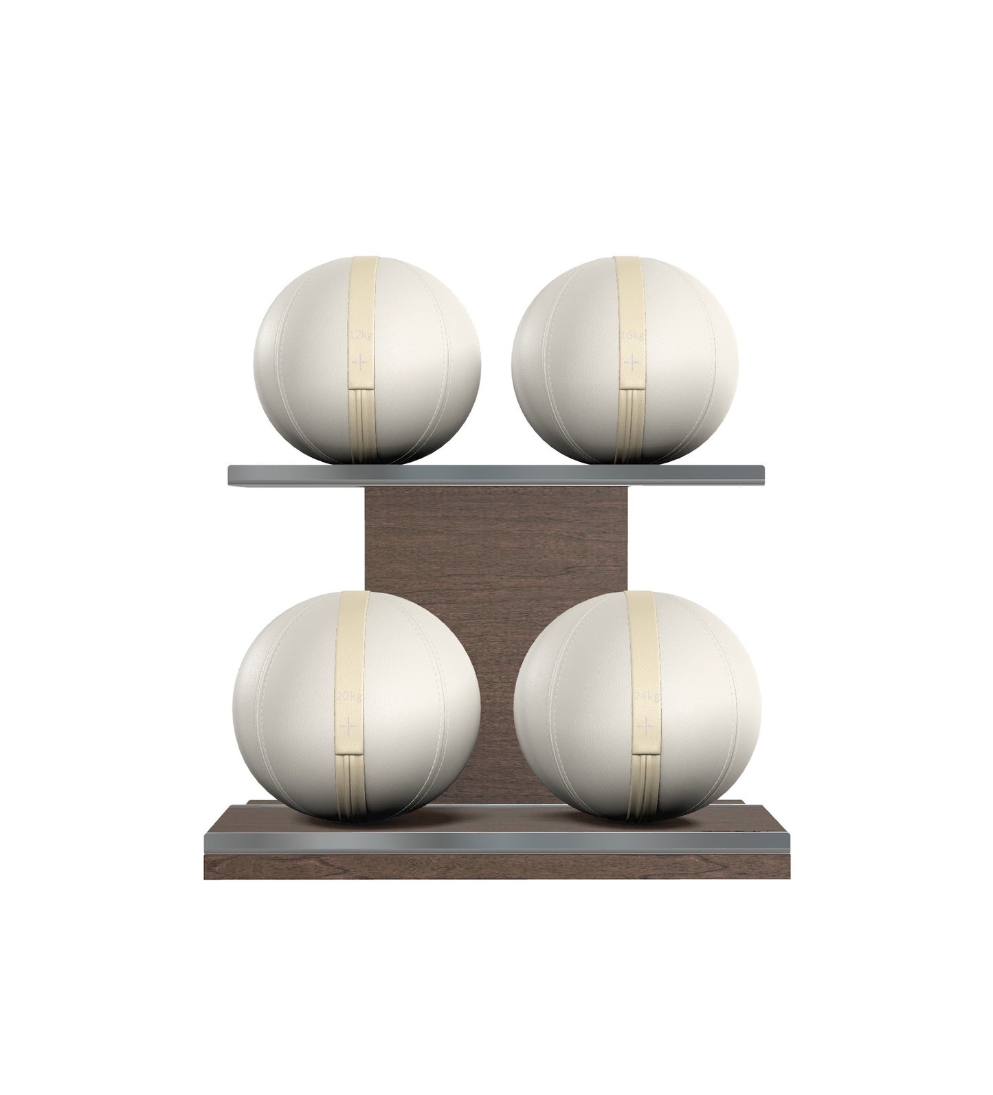 Luxury fitness equipment, 4 leather medicine ball on horizontal wooden stand, handcrafted with premium Italian white base leather, beige accent leather and dark walnut wood. PENT. MOXA Set