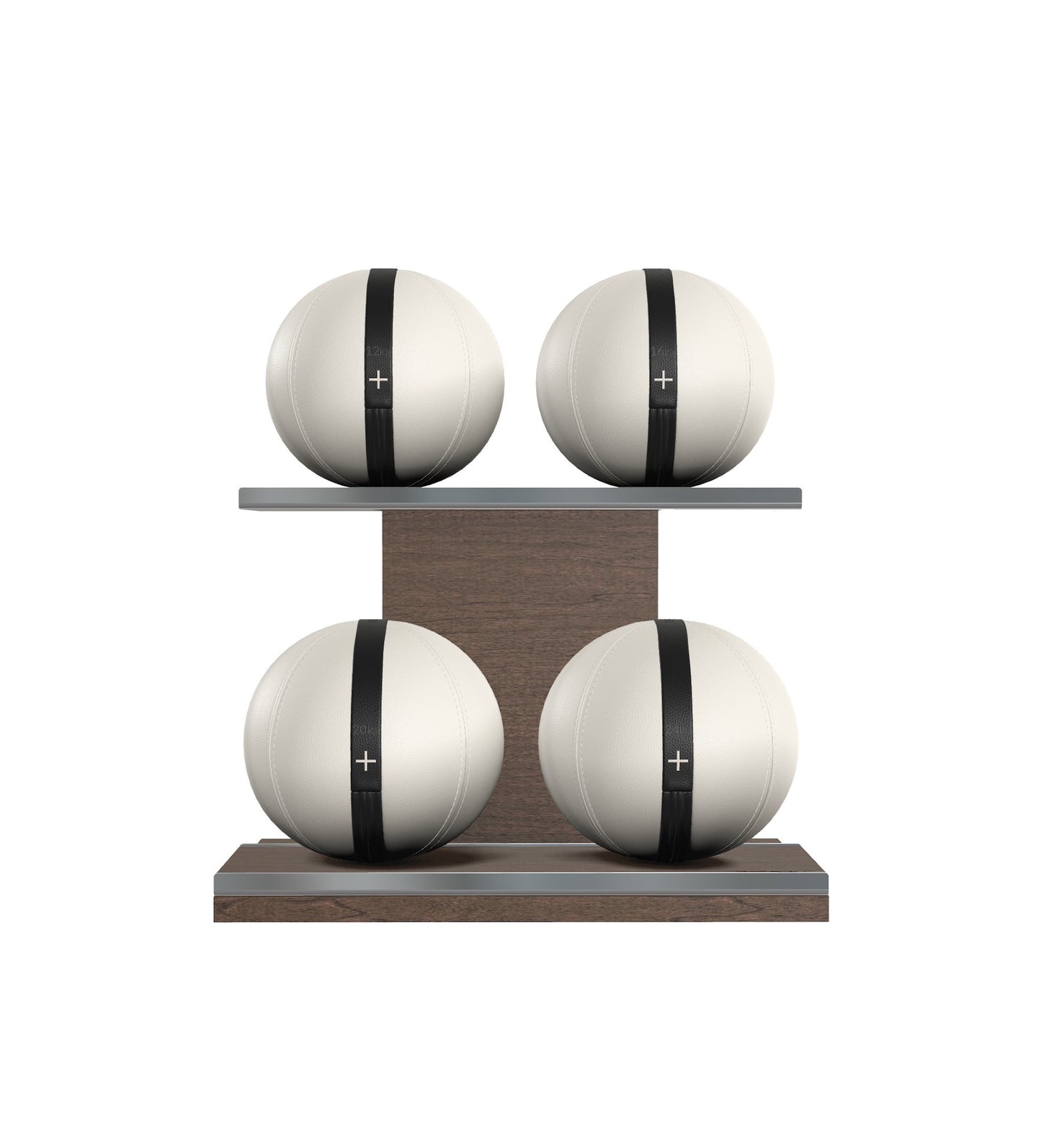 Luxury fitness equipment, 4 leather medicine ball on horizontal wooden stand, handcrafted with premium Italian white base leather, black accent leather and dark walnut wood. PENT. MOXA Set