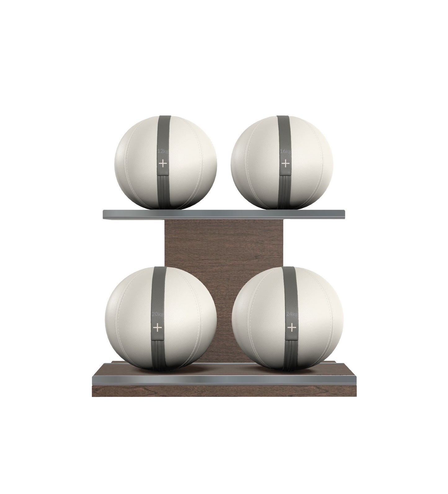 Luxury fitness equipment, 4 leather medicine ball on horizontal wooden stand, handcrafted with premium Italian white base leather, grey accent leather and dark walnut wood. PENT. MOXA Set