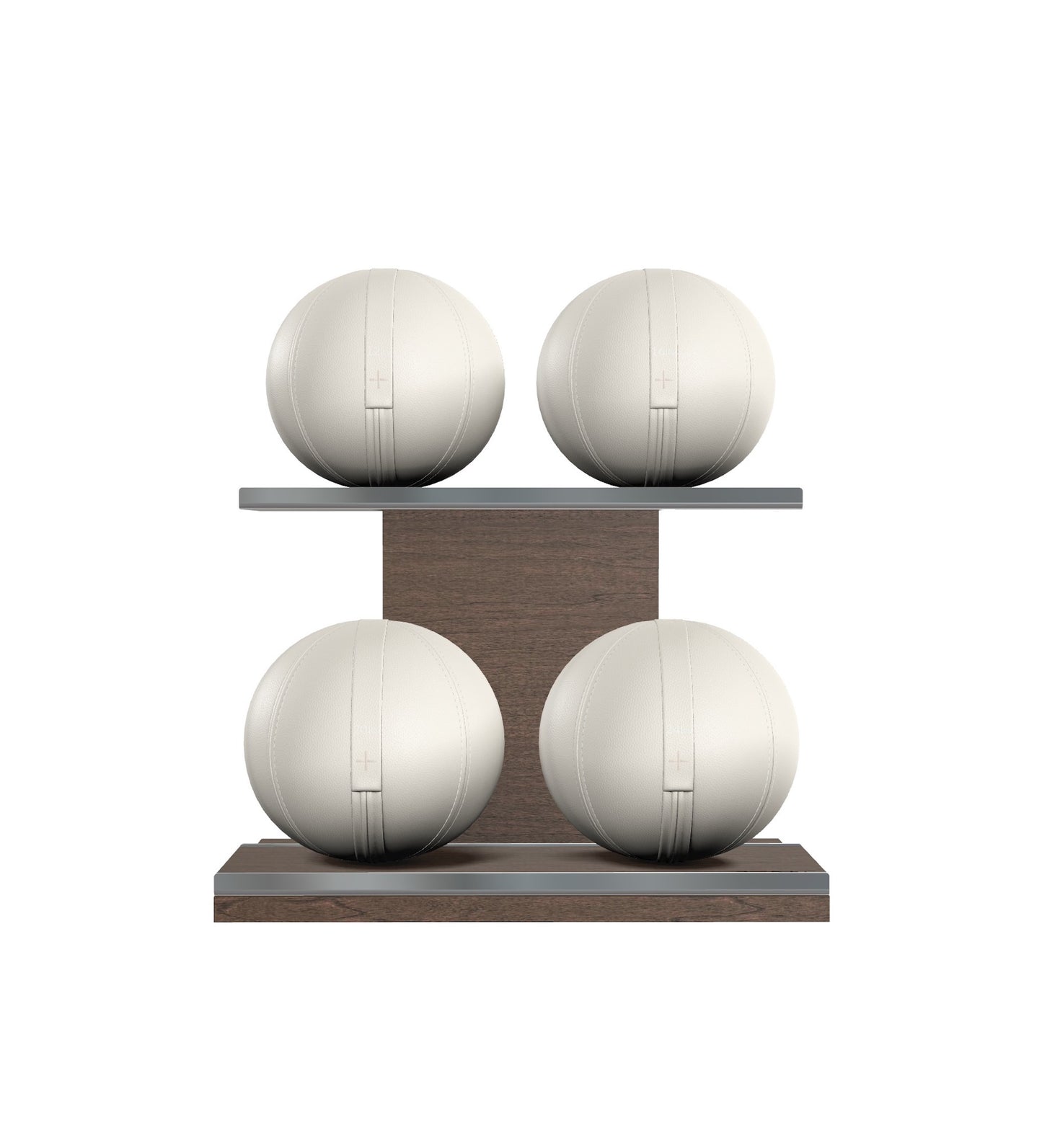 Luxury fitness equipment, 4 leather medicine ball on horizontal wooden stand, handcrafted with premium Italian white base leather, white accent leather and dark walnut wood. PENT. MOXA Set