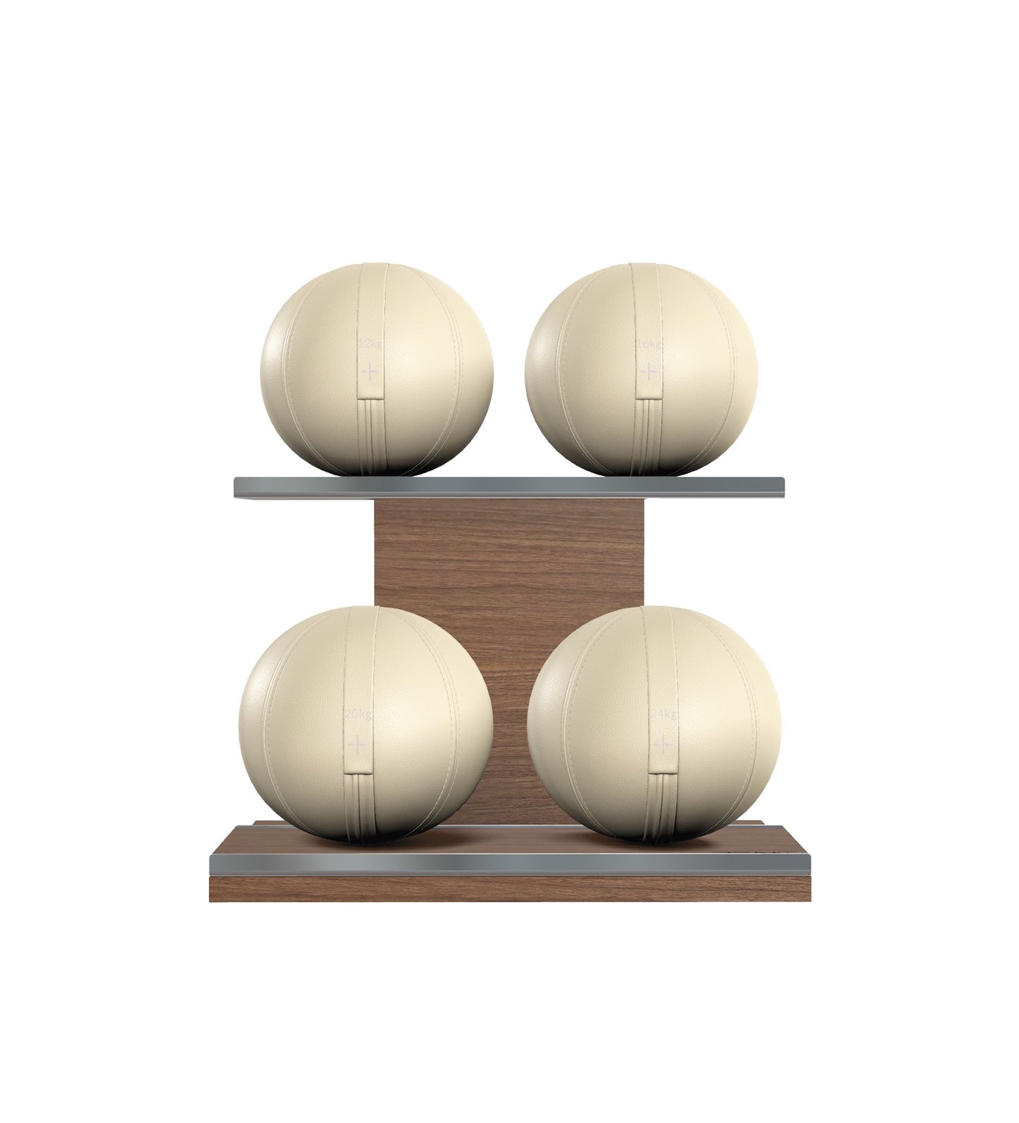 Luxury fitness equipment, 4 leather medicine ball on horizontal wooden stand, handcrafted with premium Italian beige base leather, beige accent leather and natural walnut wood. PENT. MOXA Set