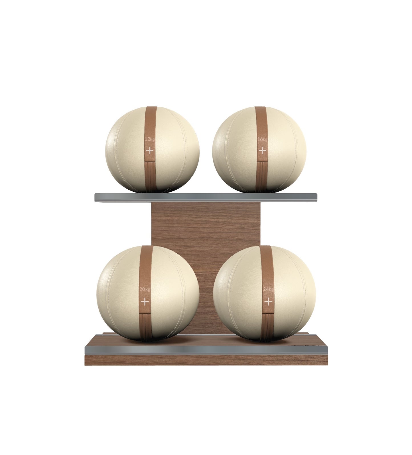 Luxury fitness equipment, 4 leather medicine ball on horizontal wooden stand, handcrafted with premium Italian beige base leather, brown accent leather and natural walnut wood. PENT. MOXA Set