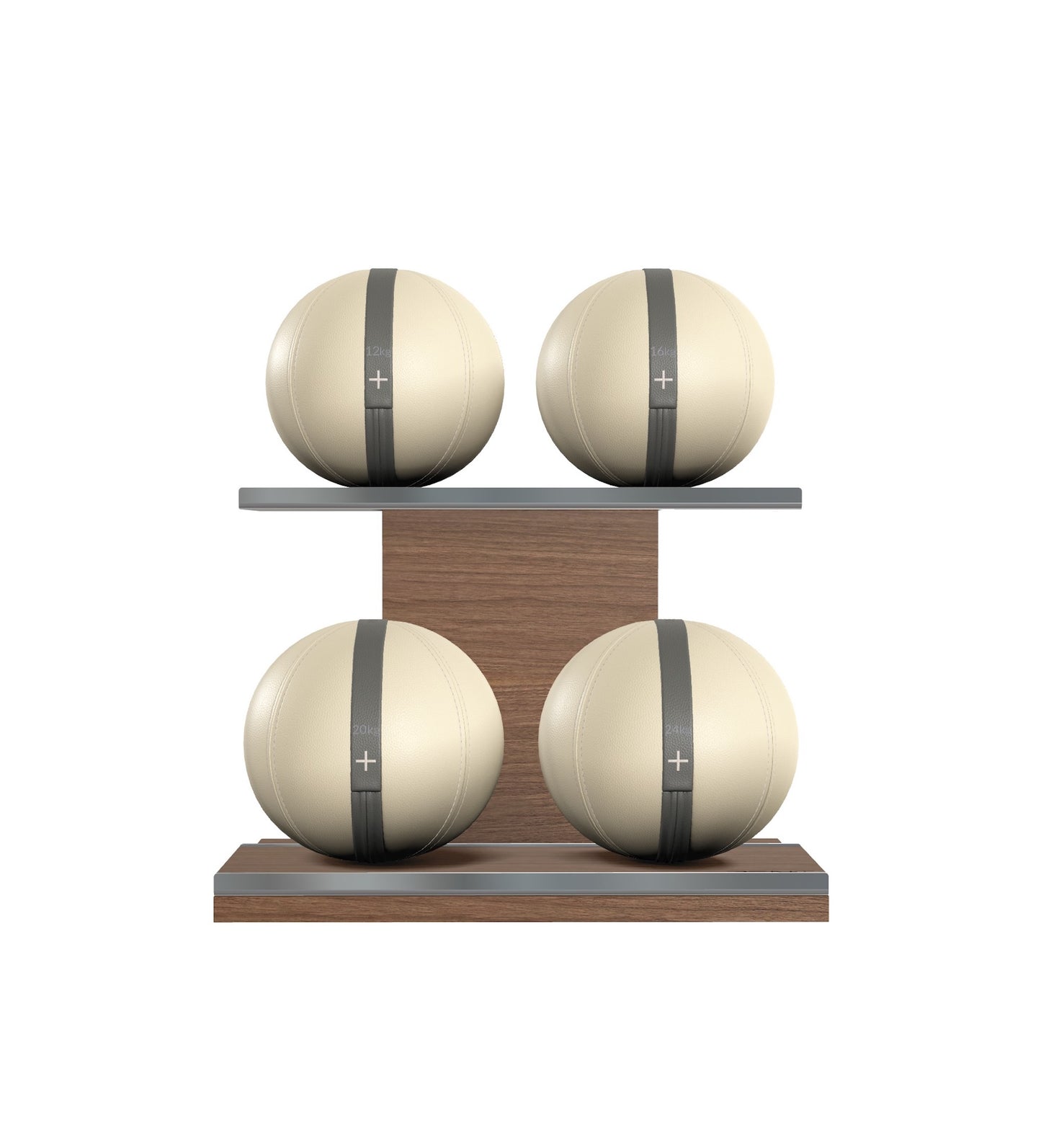 Luxury fitness equipment, 4 leather medicine ball on horizontal wooden stand, handcrafted with premium Italian beige base leather, grey accent leather and natural walnut wood. PENT. MOXA Set