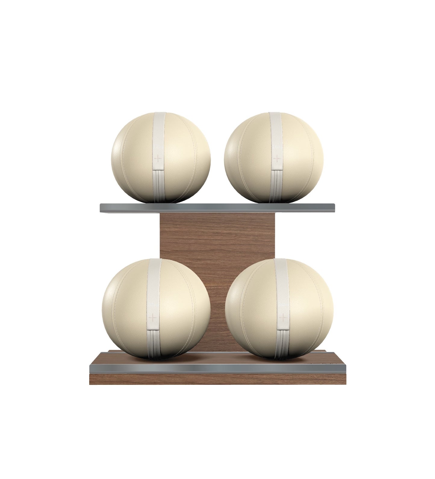 Luxury fitness equipment, 4 leather medicine ball on horizontal wooden stand, handcrafted with premium Italian beige base leather, white accent leather and natural walnut wood. PENT. MOXA Set