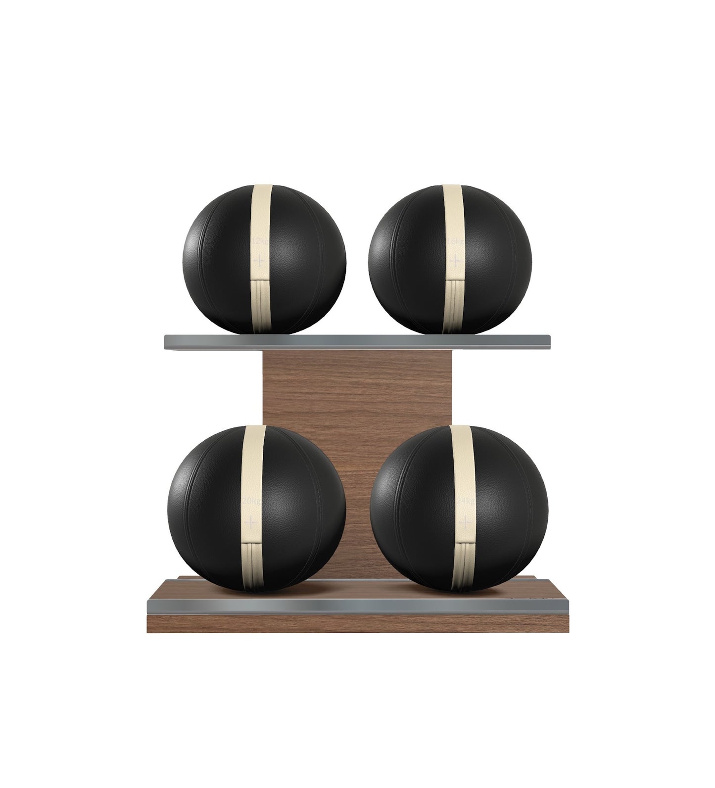 Luxury fitness equipment, 4 leather medicine ball on horizontal wooden stand, handcrafted with premium Italian black base leather, beige accent leather and natural walnut wood. PENT. MOXA Set