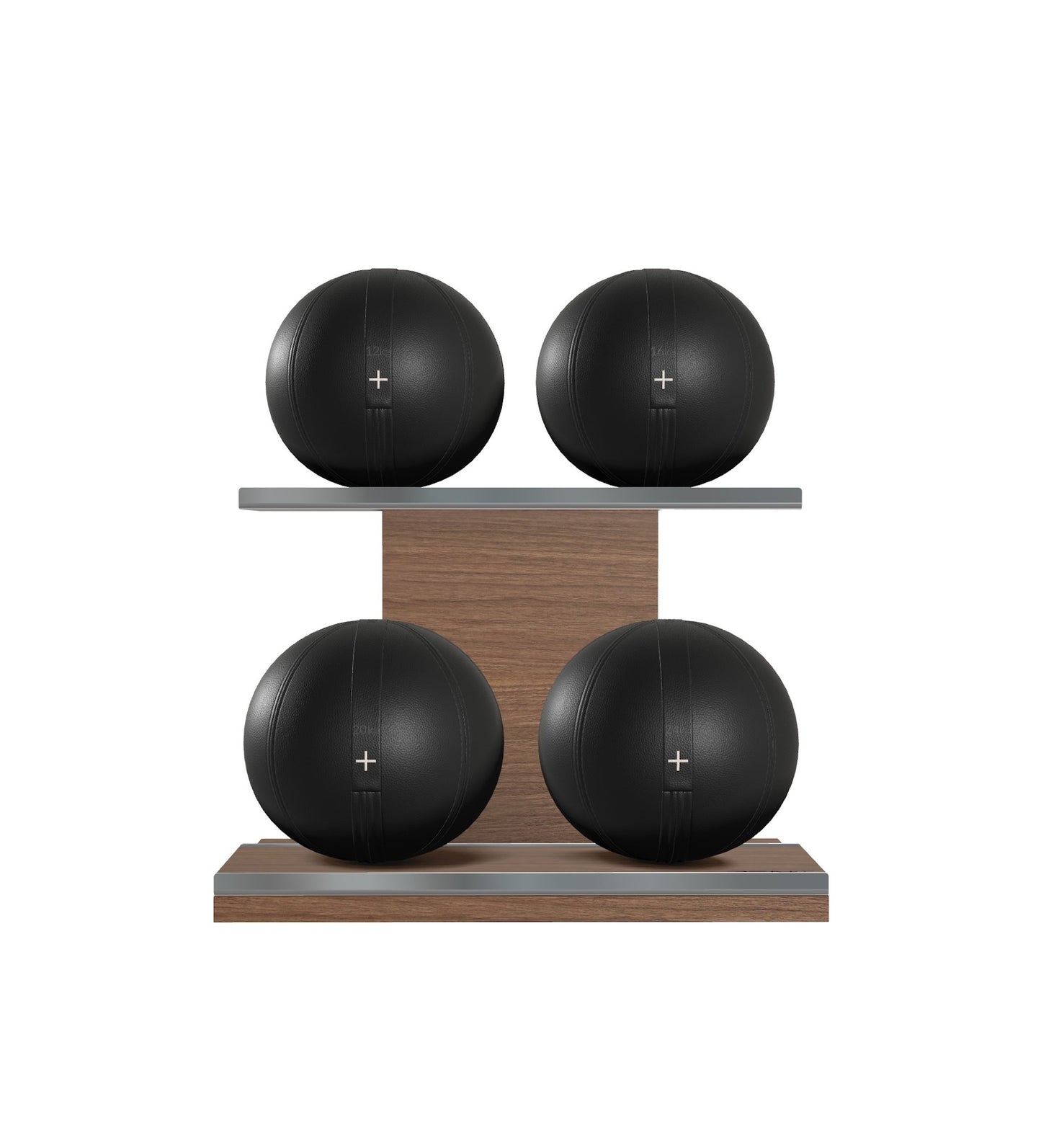 Luxury fitness equipment, 4 leather medicine ball on horizontal wooden stand, handcrafted with premium Italian black base leather, black accent leather and natural walnut wood. PENT. MOXA Set