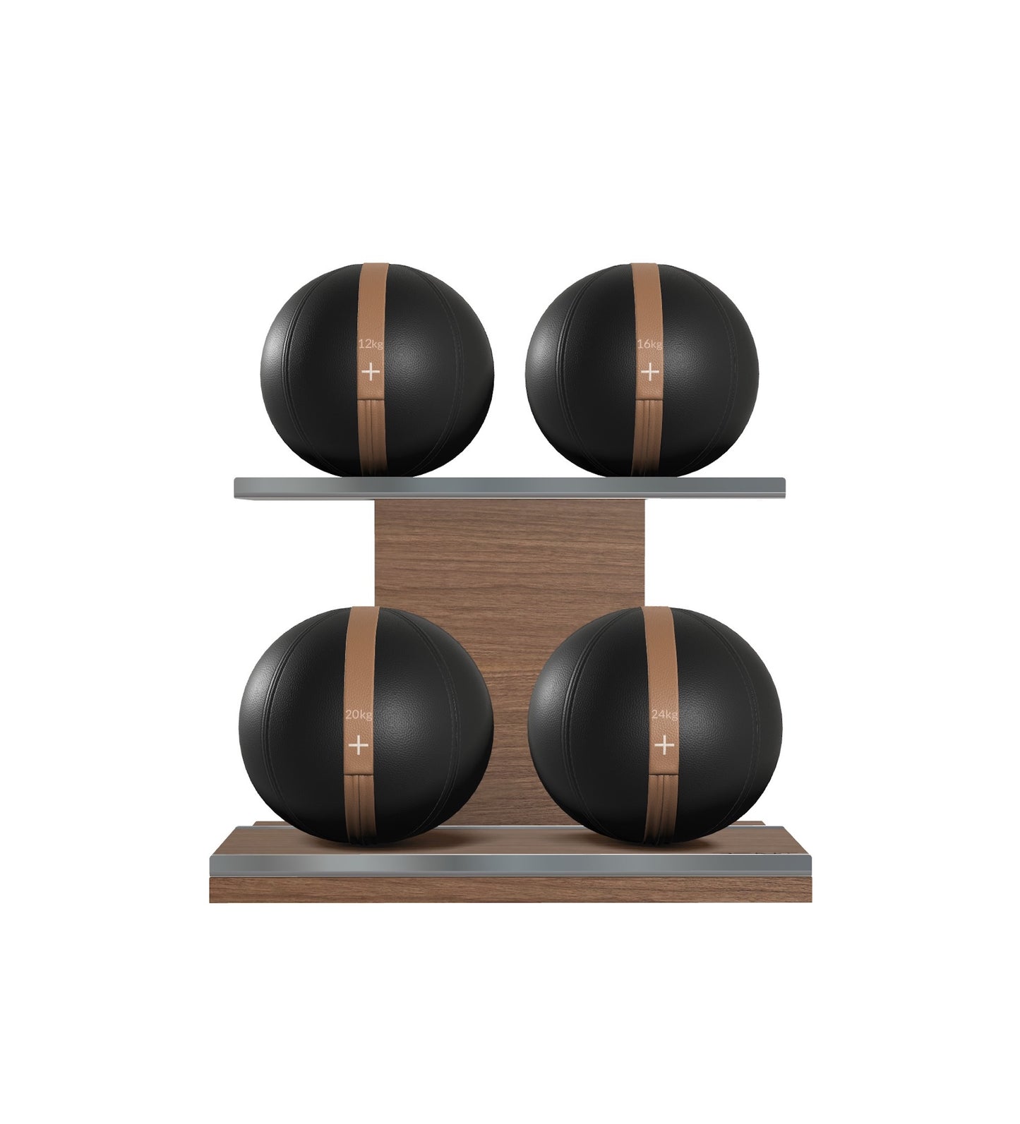 Luxury fitness equipment, 4 leather medicine ball on horizontal wooden stand, handcrafted with premium Italian black base leather, brown accent leather and natural walnut wood. PENT. MOXA Set