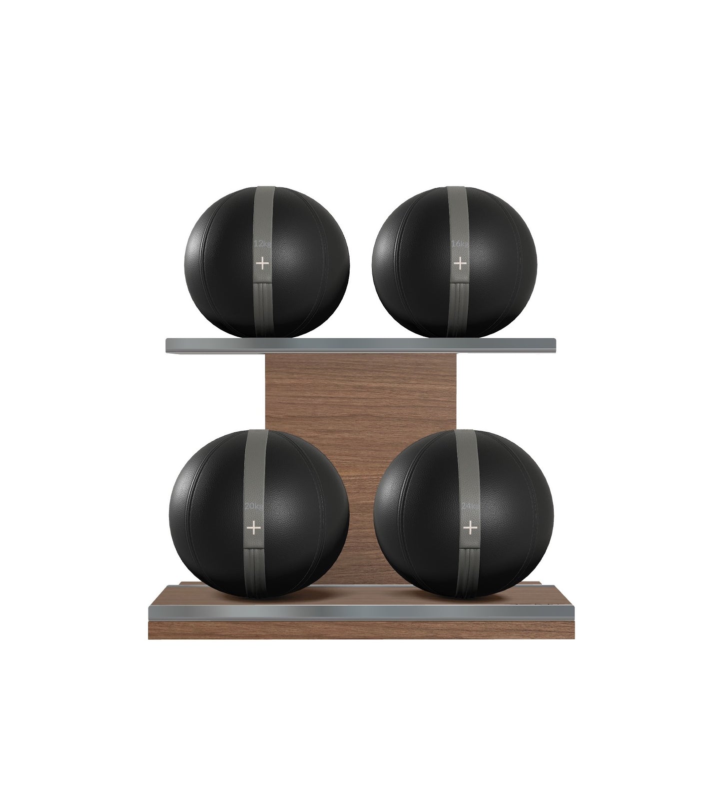 Luxury fitness equipment, 4 leather medicine ball on horizontal wooden stand, handcrafted with premium Italian black base leather, grey accent leather and natural walnut wood. PENT. MOXA Set