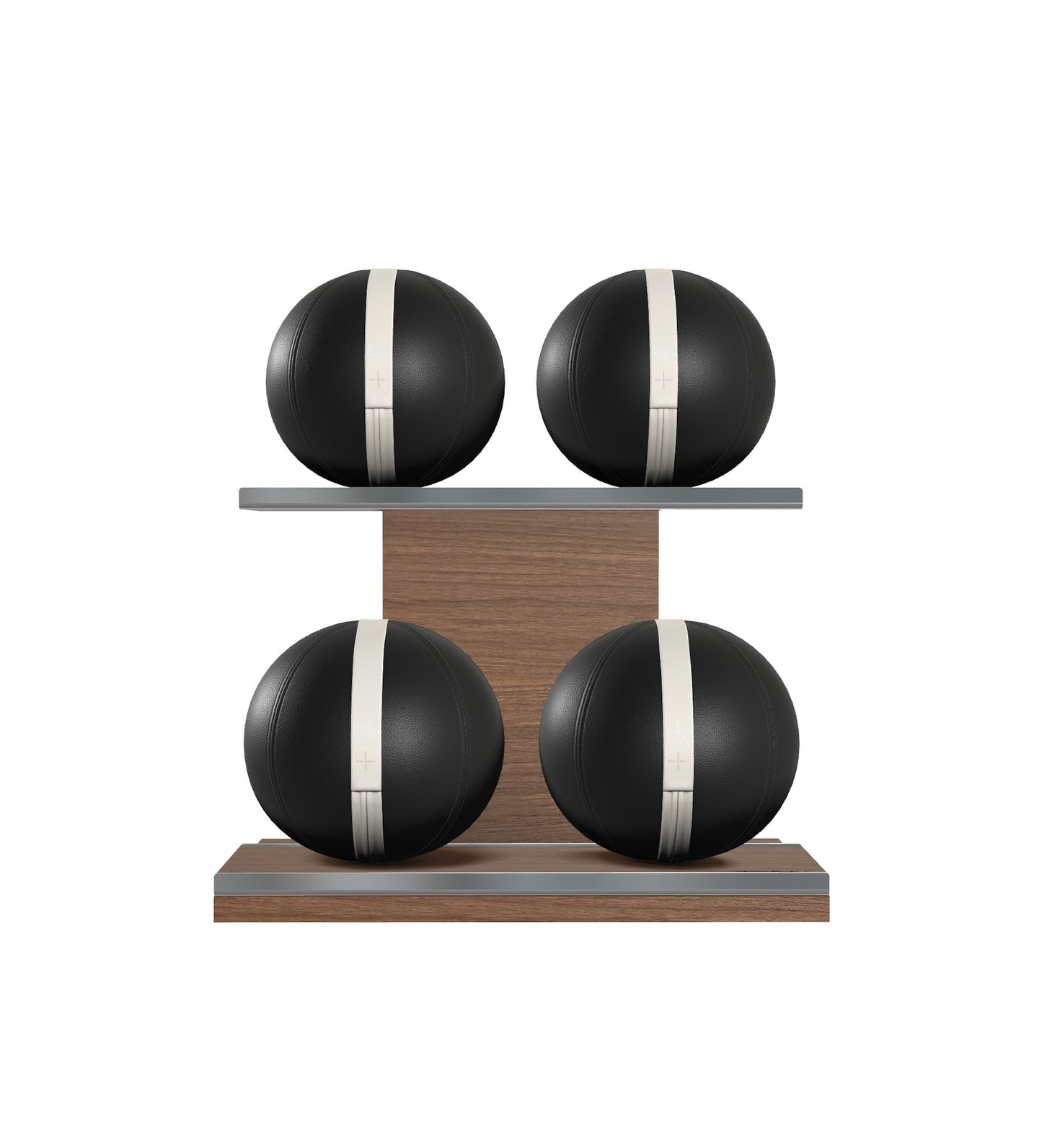 Luxury fitness equipment, 4 leather medicine ball on horizontal wooden stand, handcrafted with premium Italian black base leather, white accent leather and natural walnut wood. PENT. MOXA Set