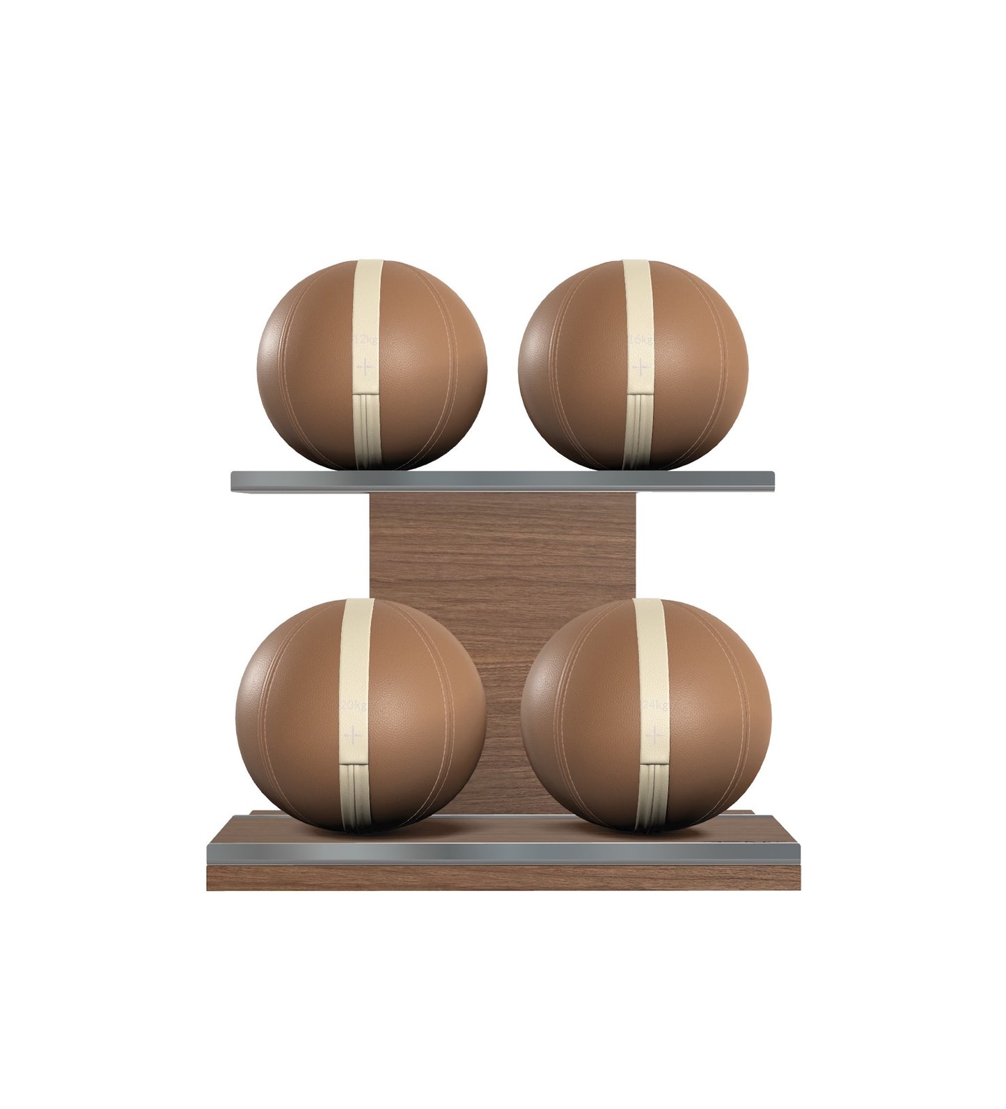 Luxury fitness equipment, 4 leather medicine ball on horizontal wooden stand, handcrafted with premium Italian brown base leather, beige accent leather and natural walnut wood. PENT. MOXA Set