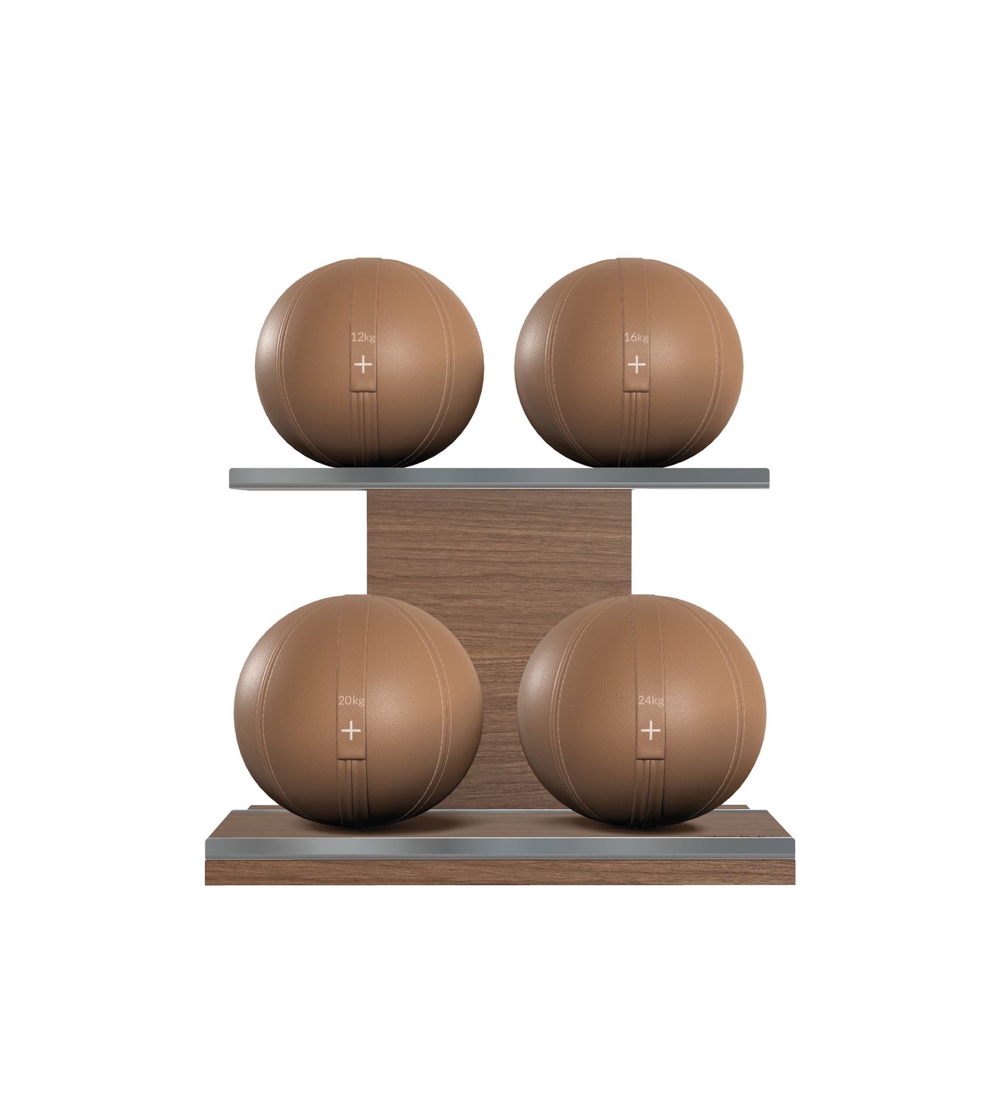Luxury fitness equipment, 4 leather medicine ball on horizontal wooden stand, handcrafted with premium Italian brown base leather, brown accent leather and natural walnut wood. PENT. MOXA Set