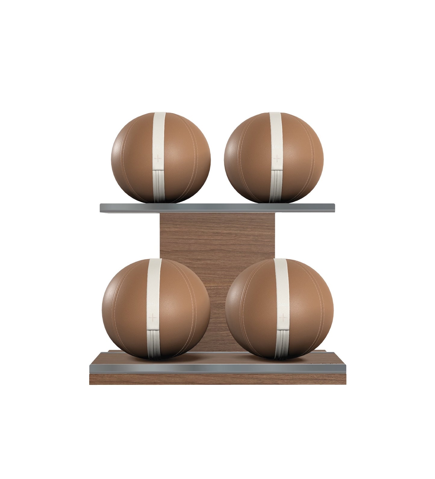 Luxury fitness equipment, 4 leather medicine ball on horizontal wooden stand, handcrafted with premium Italian brown base leather, white accent leather and natural walnut wood. PENT. MOXA Set