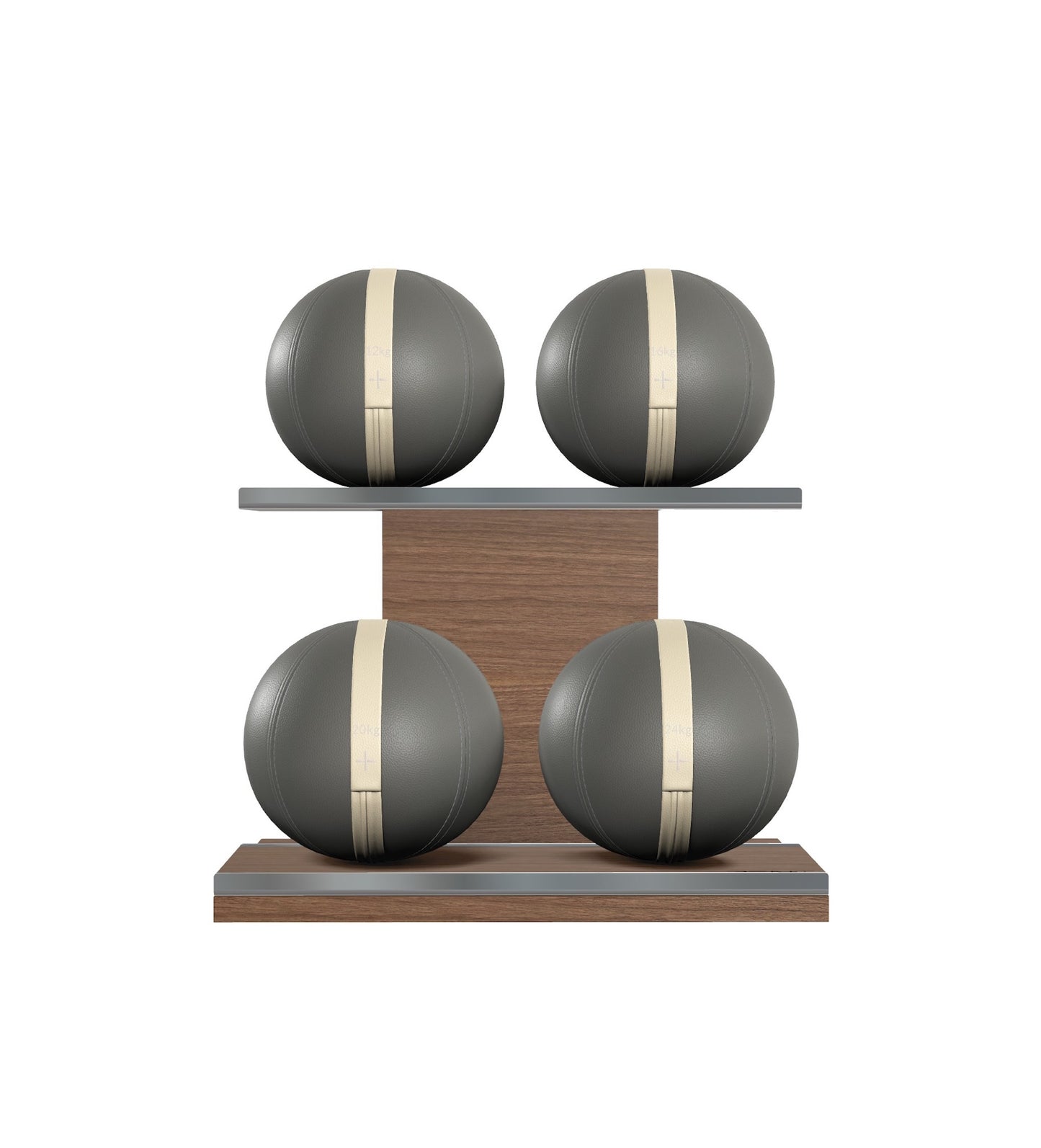 Luxury fitness equipment, 4 leather medicine ball on horizontal wooden stand, handcrafted with premium Italian grey base leather, beige accent leather and natural walnut wood. PENT. MOXA Set