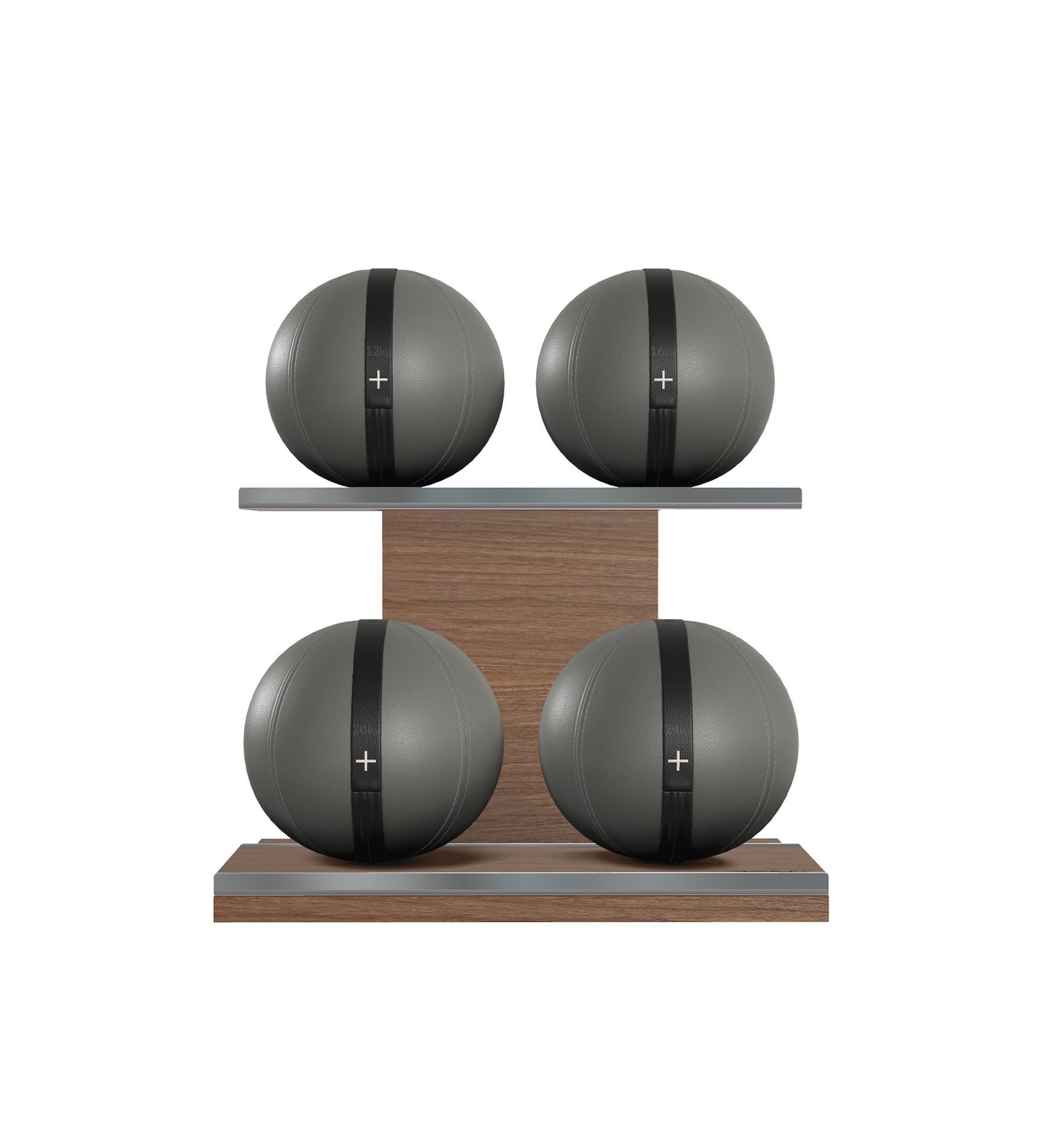 Luxury fitness equipment, 4 leather medicine ball on horizontal wooden stand, handcrafted with premium Italian grey base leather, black accent leather and natural walnut wood. PENT. MOXA Set