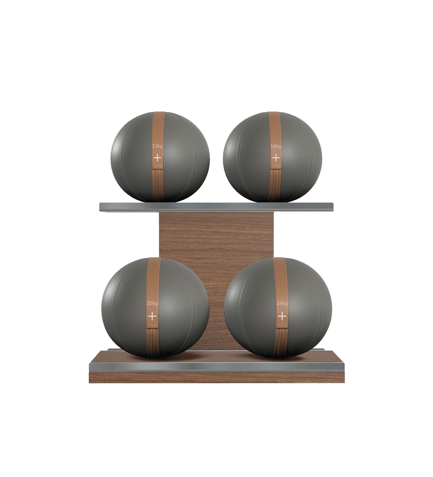 Luxury fitness equipment, 4 leather medicine ball on horizontal wooden stand, handcrafted with premium Italian grey base leather, brown accent leather and natural walnut wood. PENT. MOXA Set