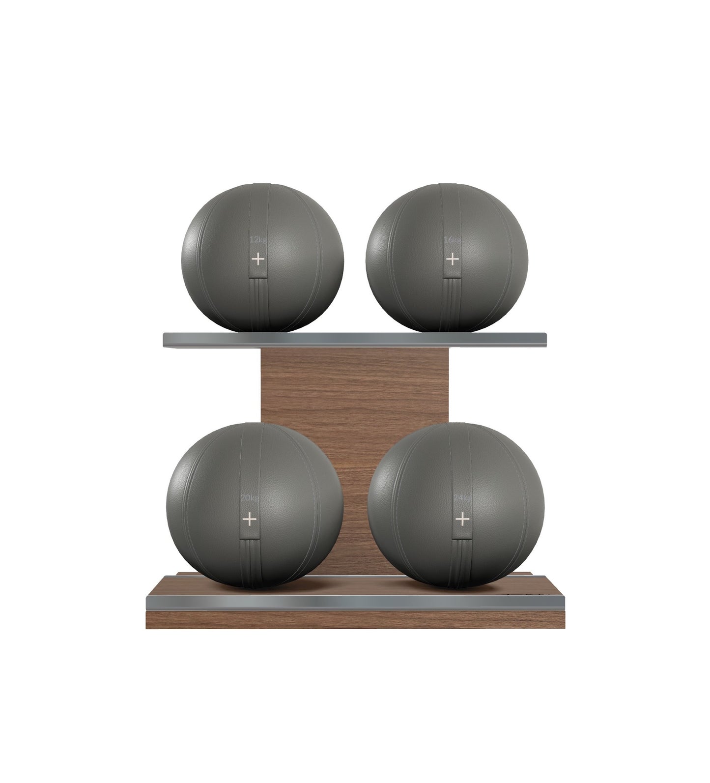 Luxury fitness equipment, 4 leather medicine ball on horizontal wooden stand, handcrafted with premium Italian grey base leather, grey accent leather and natural walnut wood. PENT. MOXA Set