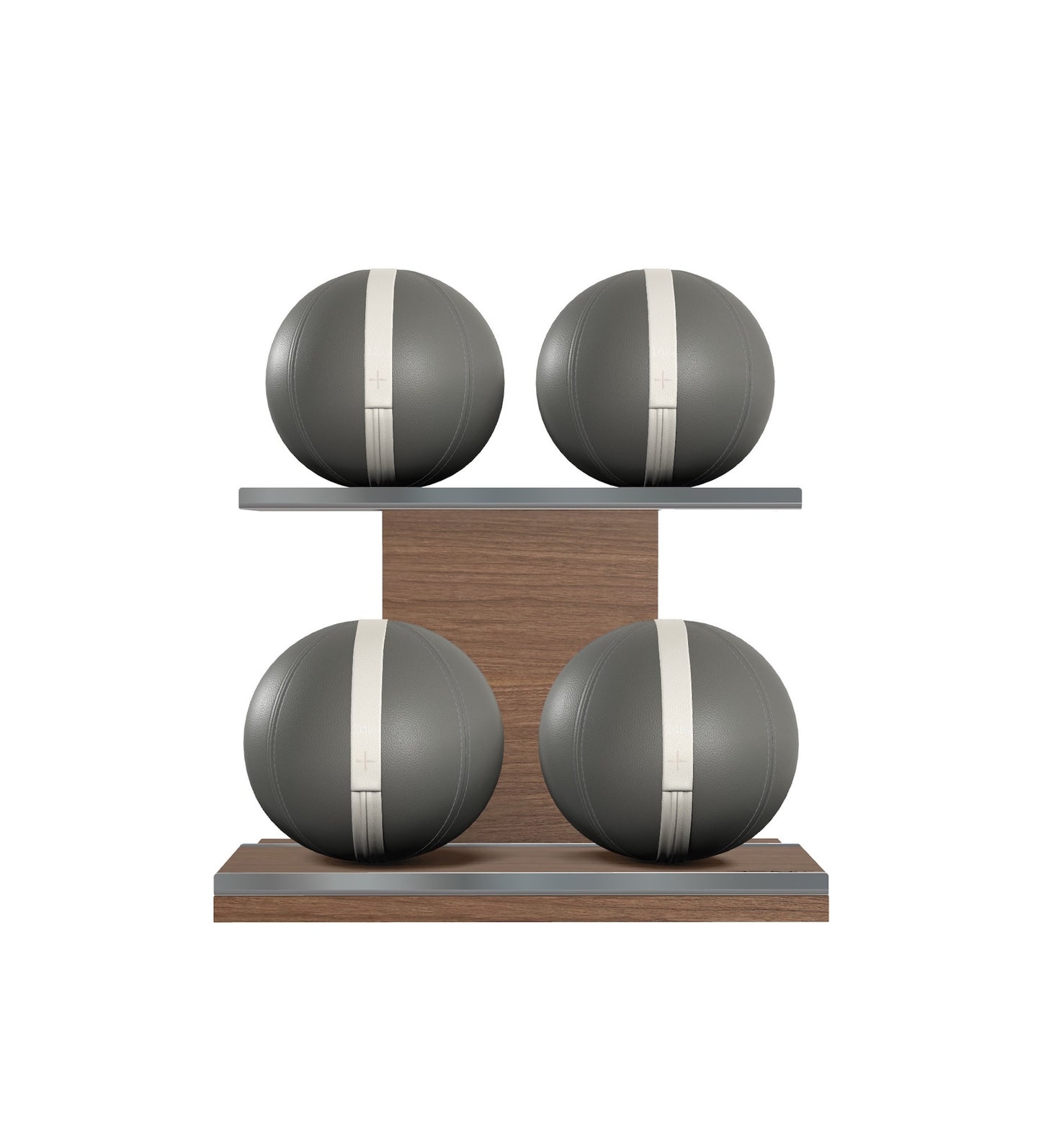 Luxury fitness equipment, 4 leather medicine ball on horizontal wooden stand, handcrafted with premium Italian grey base leather, white accent leather and natural walnut wood. PENT. MOXA Set