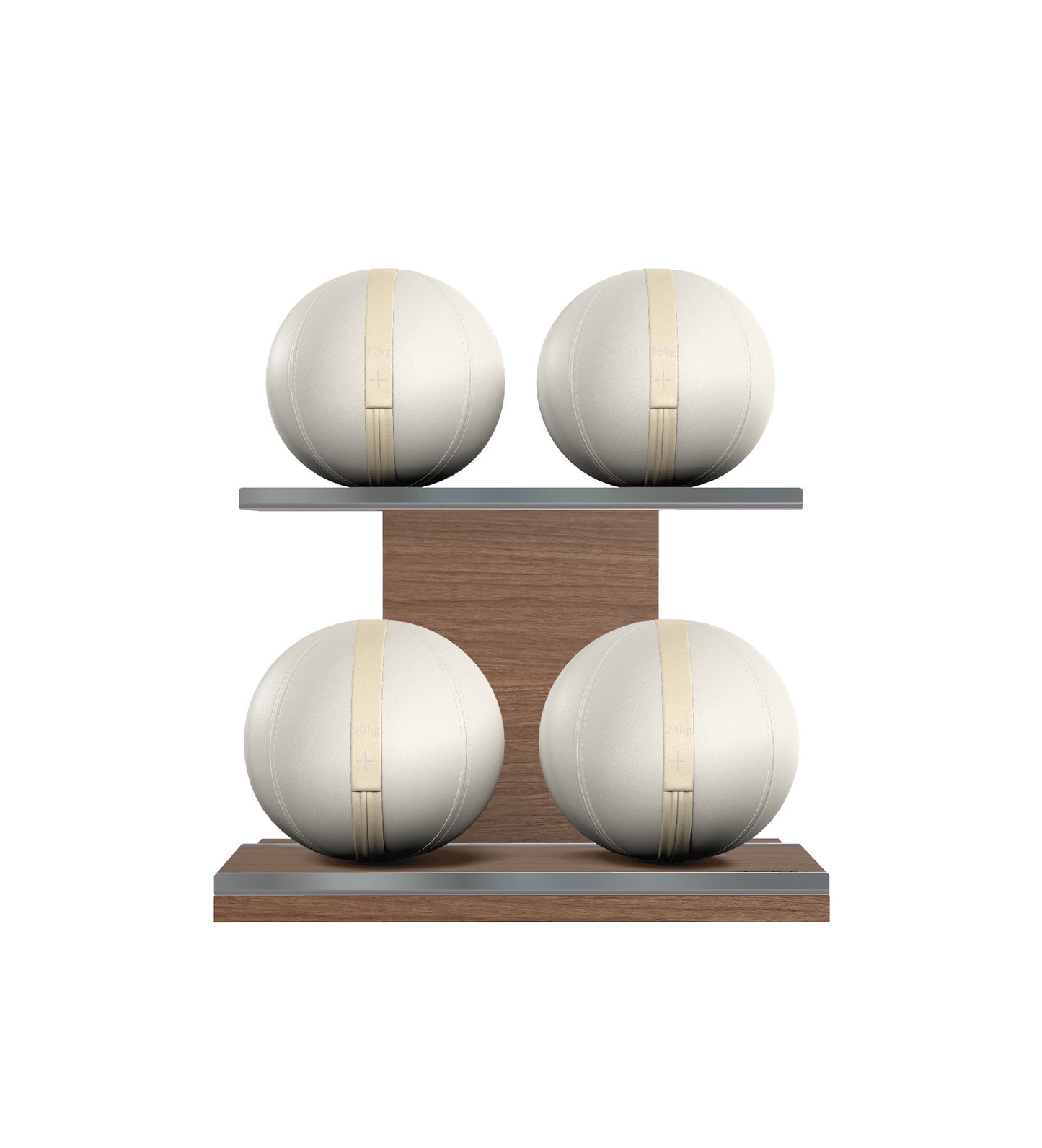 Luxury fitness equipment, 4 leather medicine ball on horizontal wooden stand, handcrafted with premium Italian white base leather, beige accent leather and natural walnut wood. PENT. MOXA Set