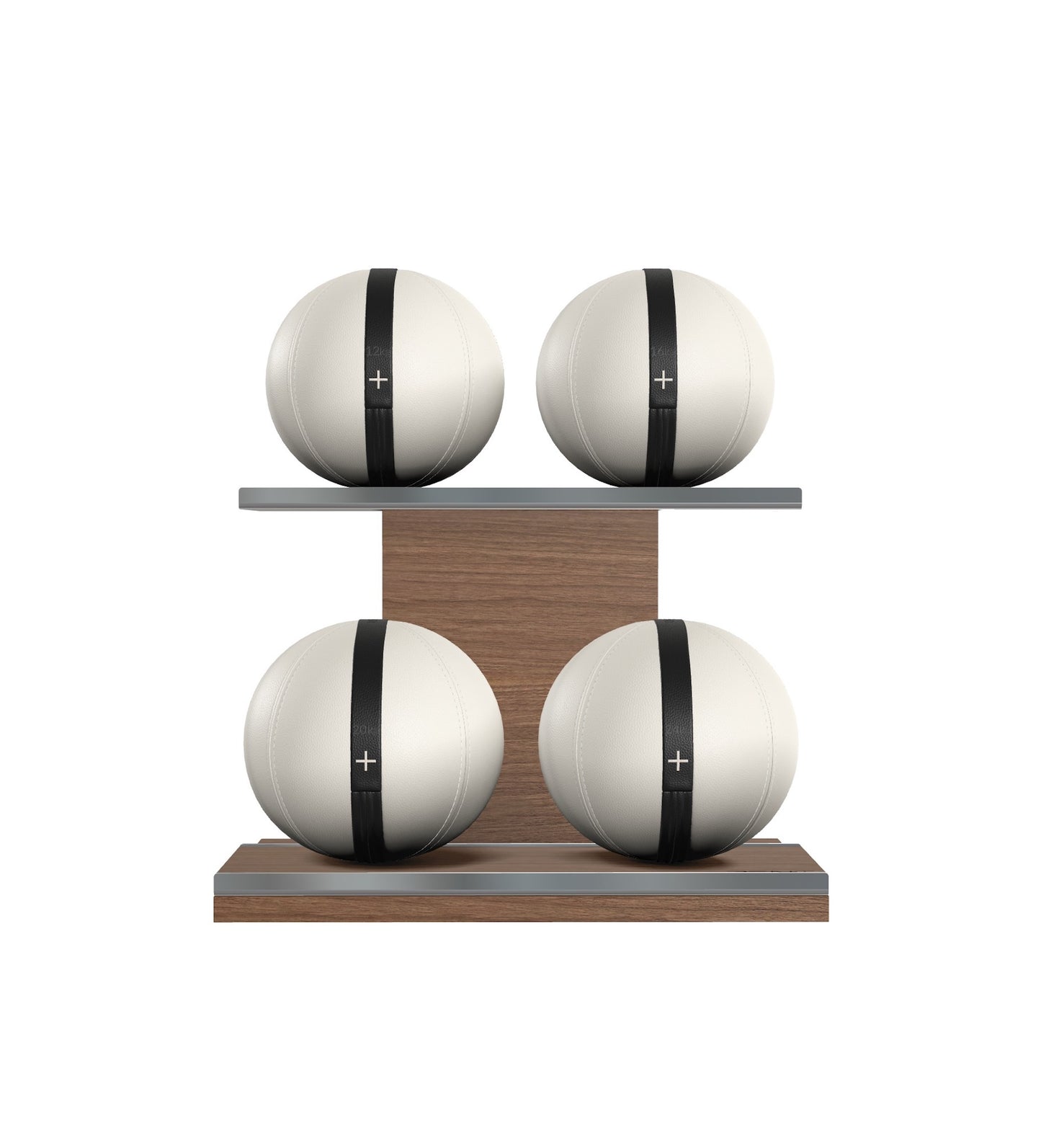 Luxury fitness equipment, 4 leather medicine ball on horizontal wooden stand, handcrafted with premium Italian white base leather, black accent leather and natural walnut wood. PENT. MOXA Set