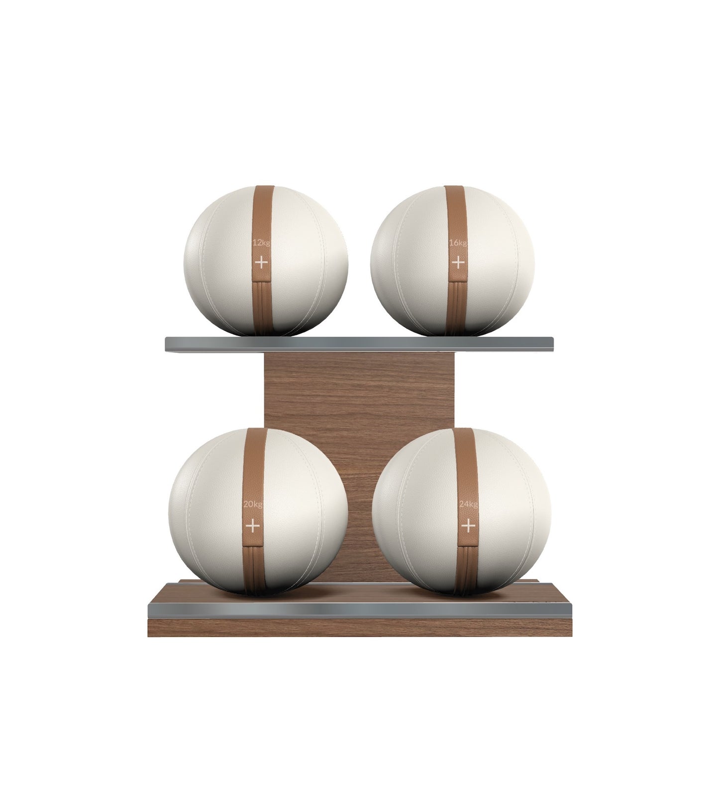 Luxury fitness equipment, 4 leather medicine ball on horizontal wooden stand, handcrafted with premium Italian white base leather, brown accent leather and natural walnut wood. PENT. MOXA Set