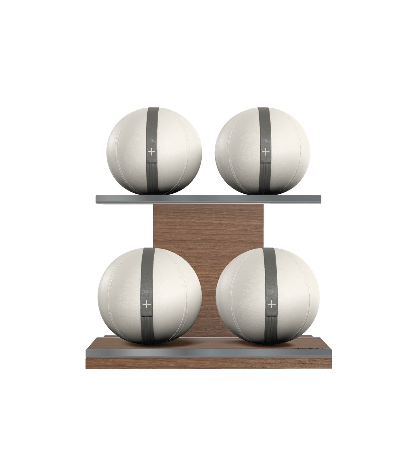 Luxury fitness equipment, 4 leather medicine ball on horizontal wooden stand, handcrafted with premium Italian white base leather, grey accent leather and natural walnut wood. PENT. MOXA Set
