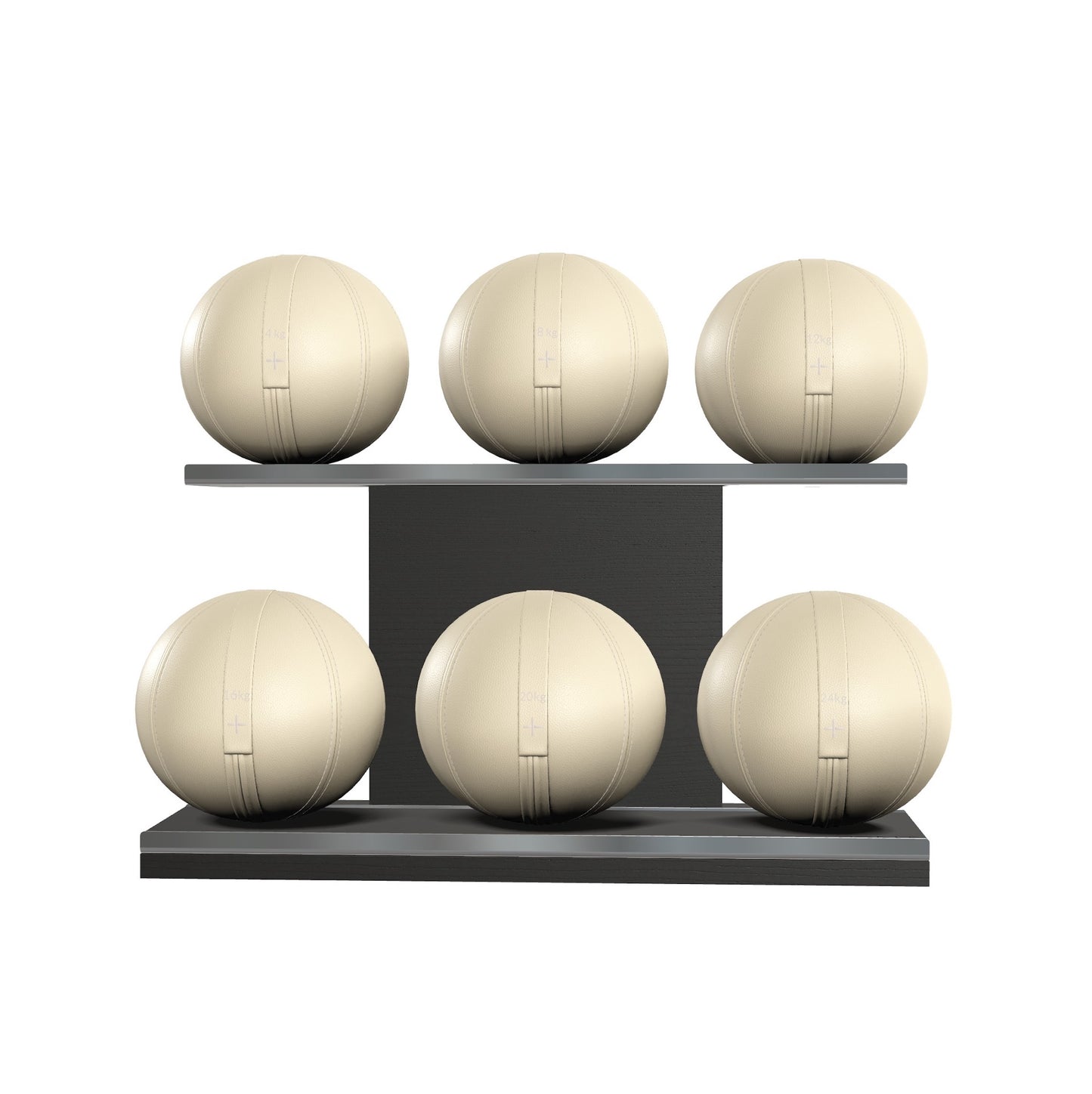 Six beige leather medicine balls with beige accent leather, arranged on two shelves made of black ash wood. PENT. MOXA Set Ultimate - Set of 6 Medicine Balls on Horizontal Wooden Stand