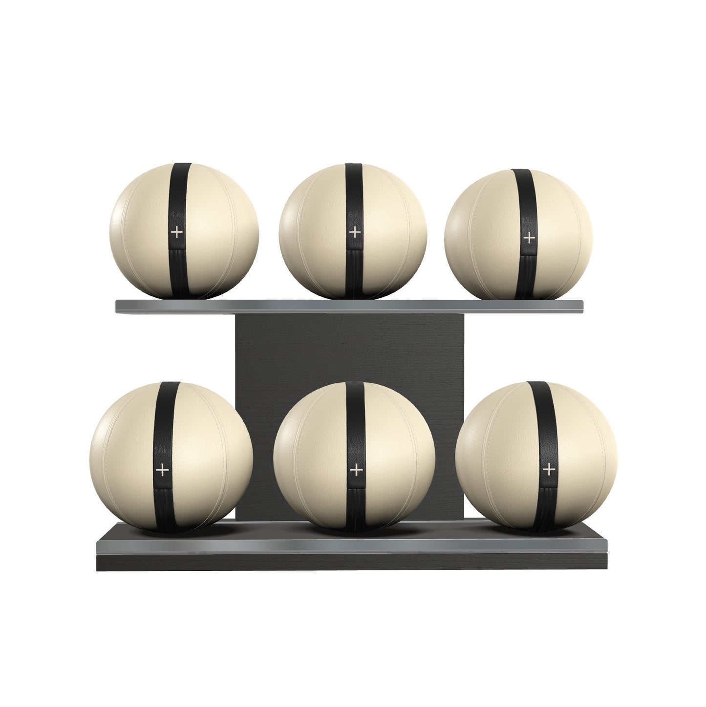 Six beige leather medicine balls with black accent leather, arranged on two shelves made of black ash wood. PENT. MOXA Set Ultimate - Set of 6 Medicine Balls on Horizontal Wooden Stand