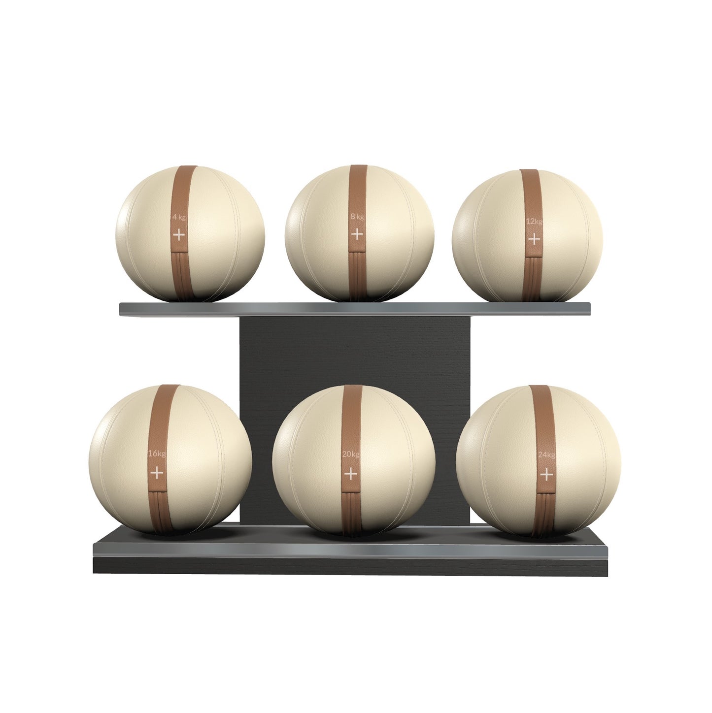 Six beige leather medicine balls with brown accent leather, arranged on two shelves made of black ash wood. PENT. MOXA Set Ultimate - Set of 6 Medicine Balls on Horizontal Wooden Stand