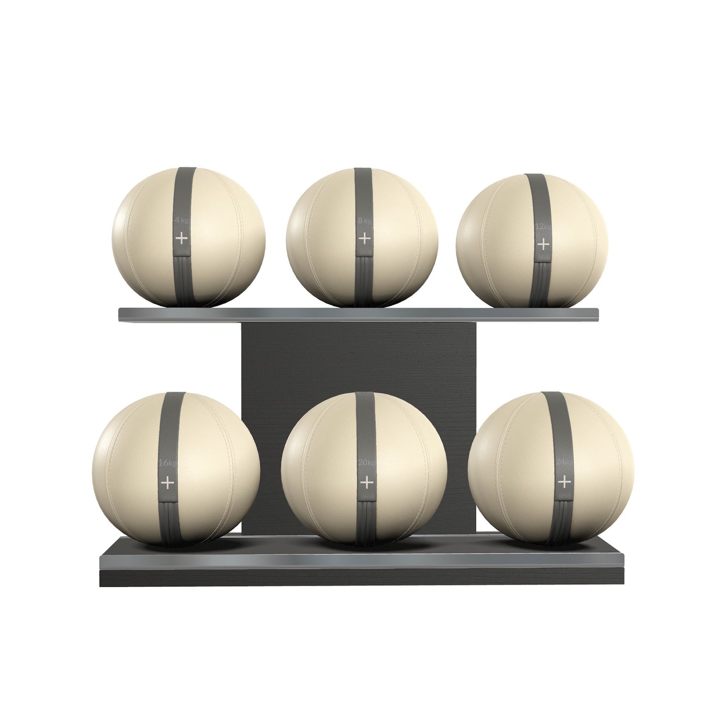 Six beige leather medicine balls with grey accent leather, arranged on two shelves made of black ash wood. PENT. MOXA Set Ultimate - Set of 6 Medicine Balls on Horizontal Wooden Stand