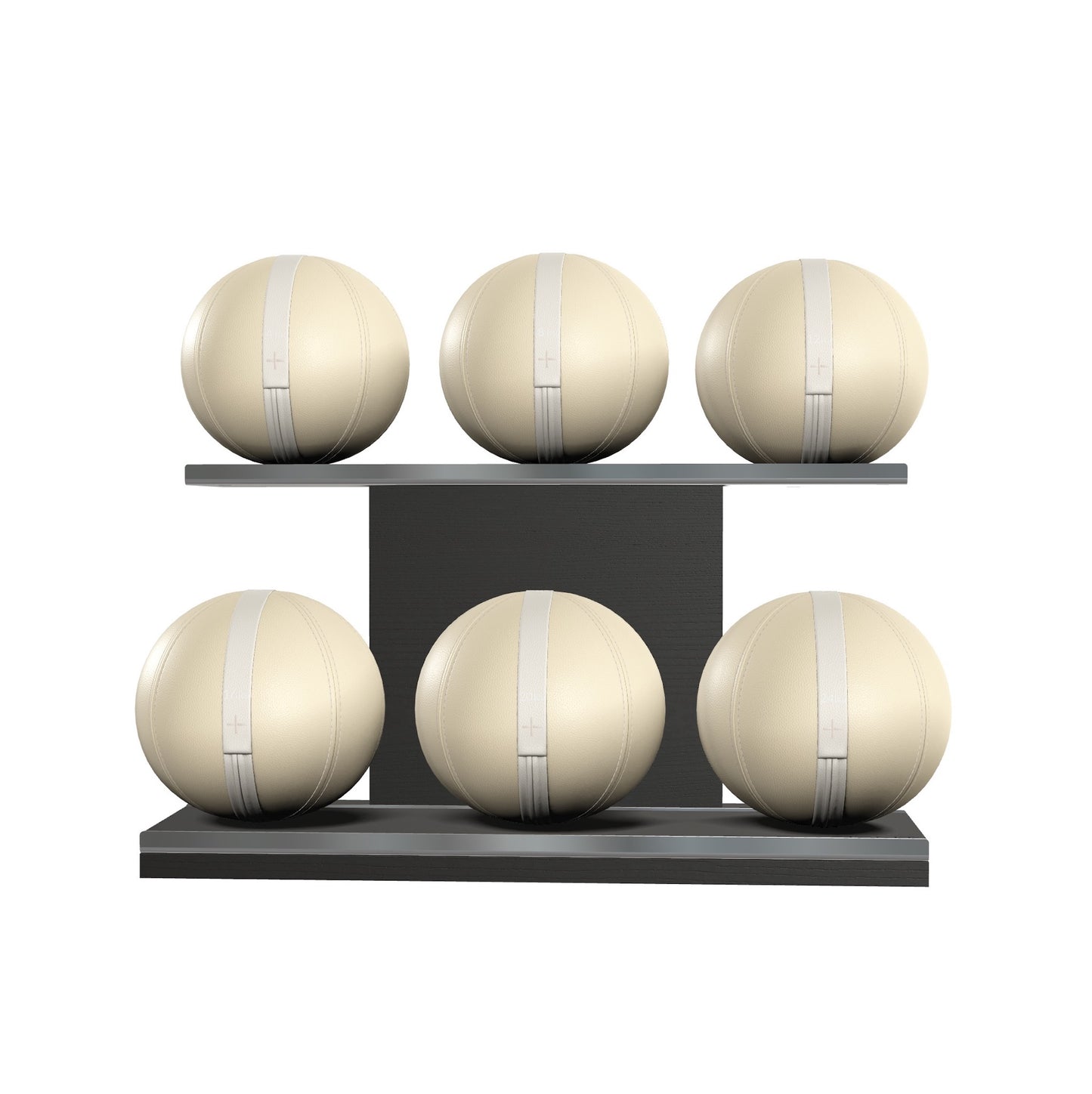 Six beige leather medicine balls with beige accent leather, arranged on two shelves made of black ash wood. PENT. MOXA Set Ultimate - Set of 6 Medicine Balls on Horizontal Wooden Stand