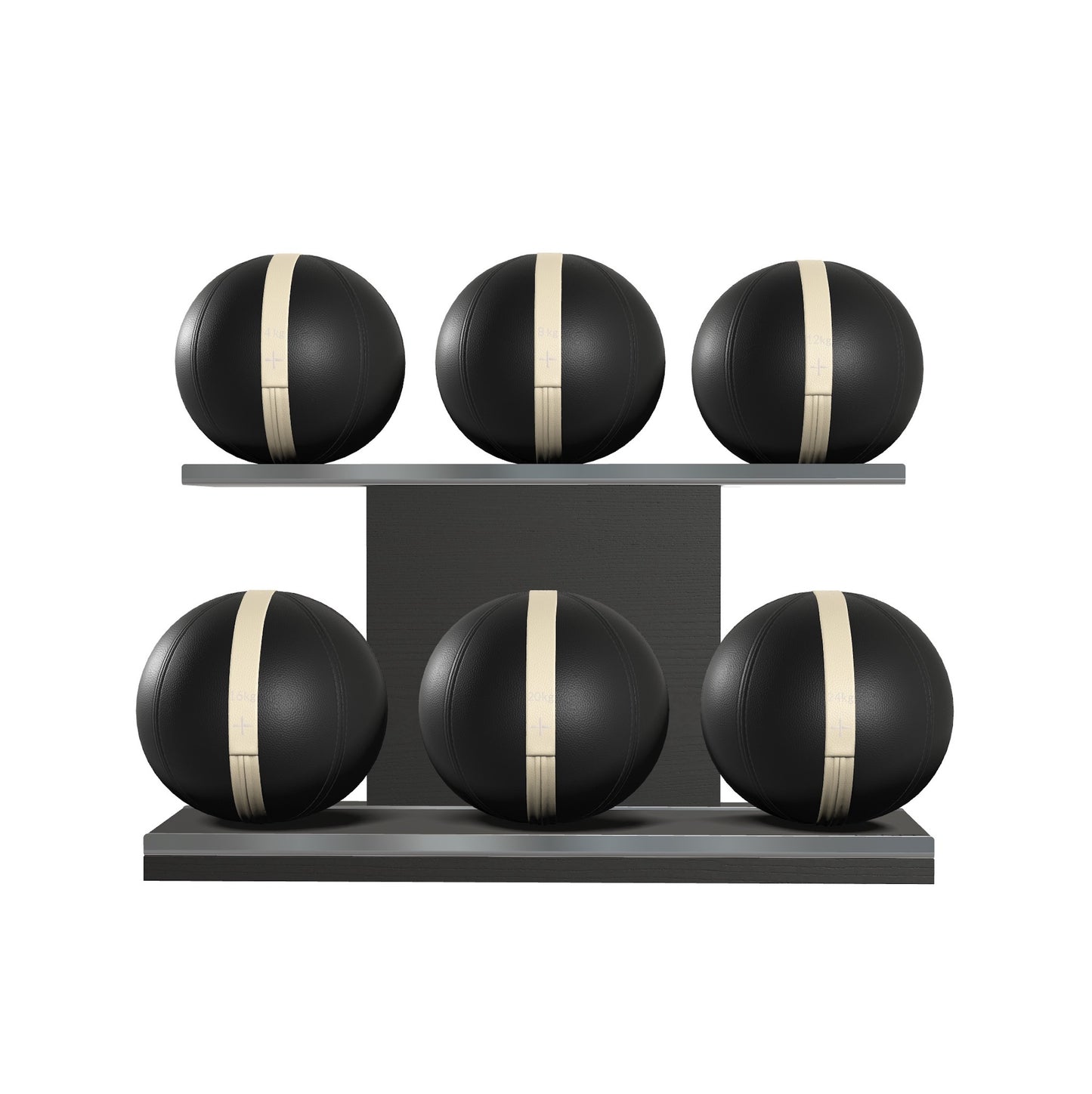 Six black leather medicine balls with beige accent leather, arranged on two shelves made of black ash wood. PENT. MOXA Set Ultimate - Set of 6 Medicine Balls on Horizontal Wooden Stand