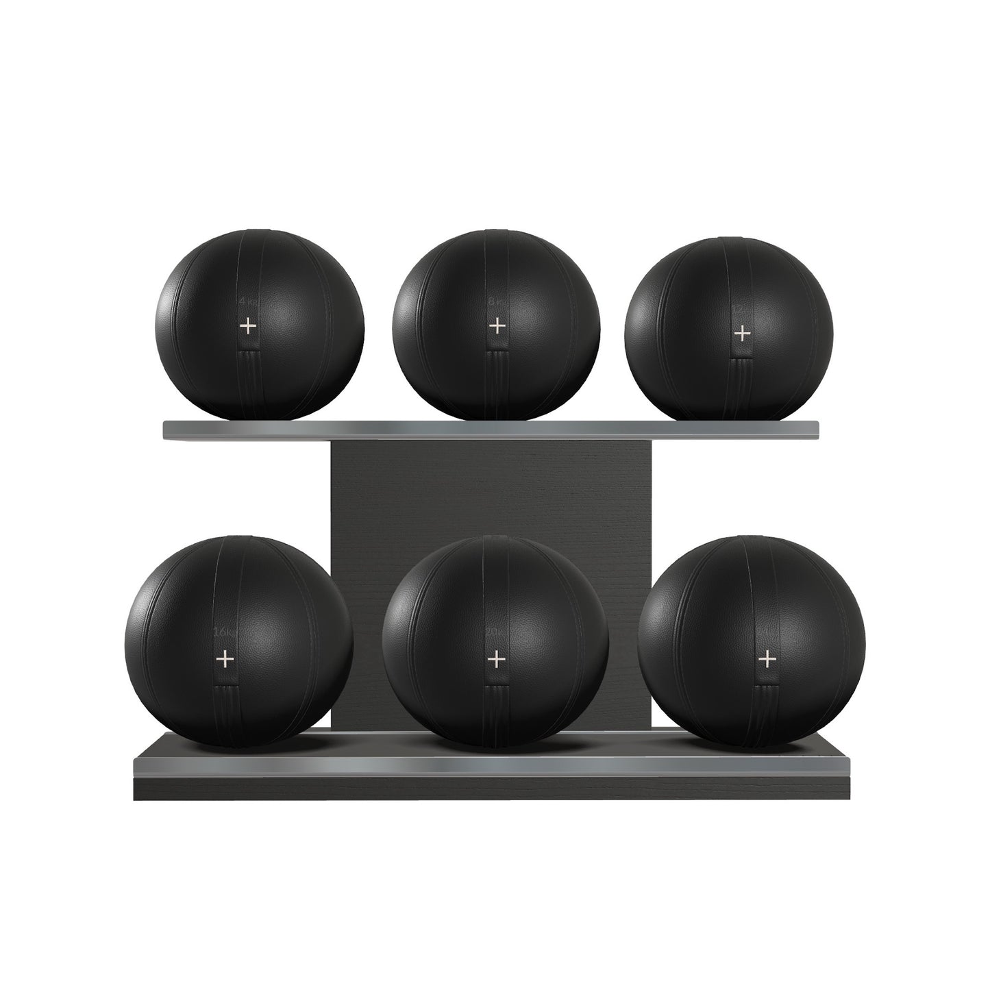 Six black leather medicine balls with black accent leather, arranged on two shelves made of black ash wood. PENT. MOXA Set Ultimate - Set of 6 Medicine Balls on Horizontal Wooden Stand